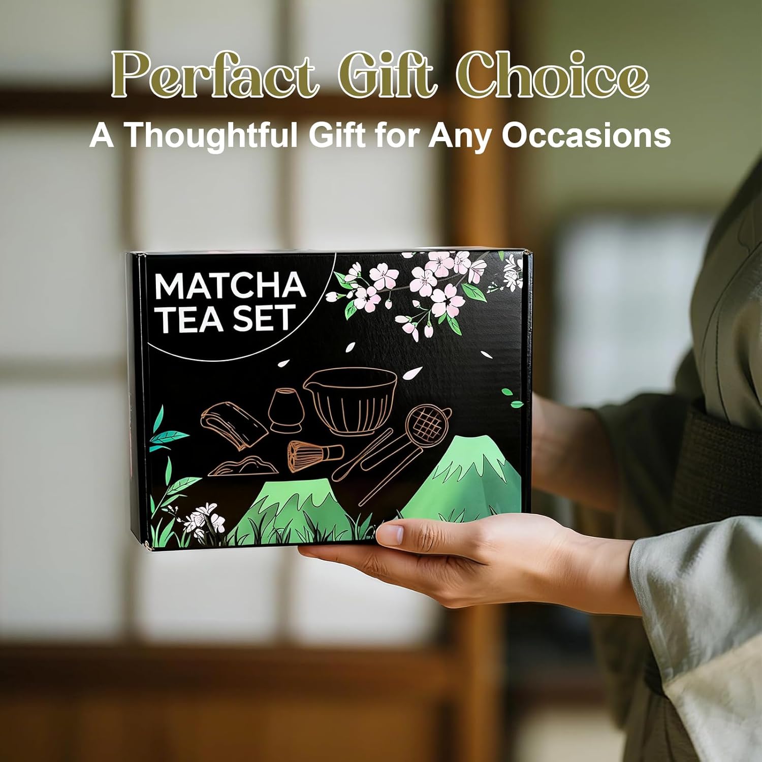 Matcha Set Whisk and Bowl, 8 Pcs Matcha Making Kit includes Bowl with Spout, Bamboo Whisk, Bamboo Scoop, Ceramic Holder and Stainless Sifter for Tea Matcha Lover, Gilded - Image 4