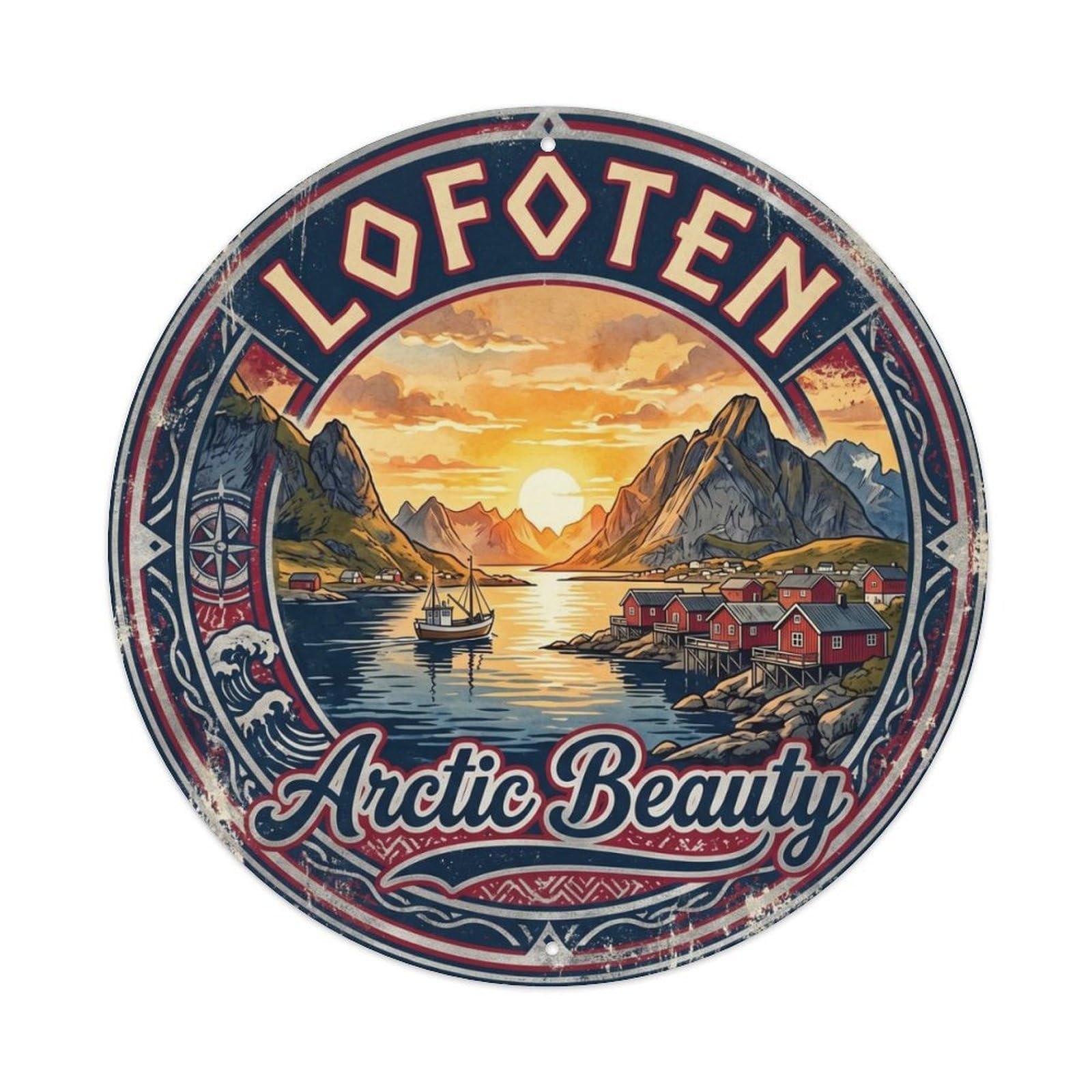 Gtthok Vintage Style-1 Vintage Travel Lofoten Arctic Beauty Metal Tin Sign Plaque Wall Decor For Cafe, Club, Garden Round Metal Poster 8X8inch