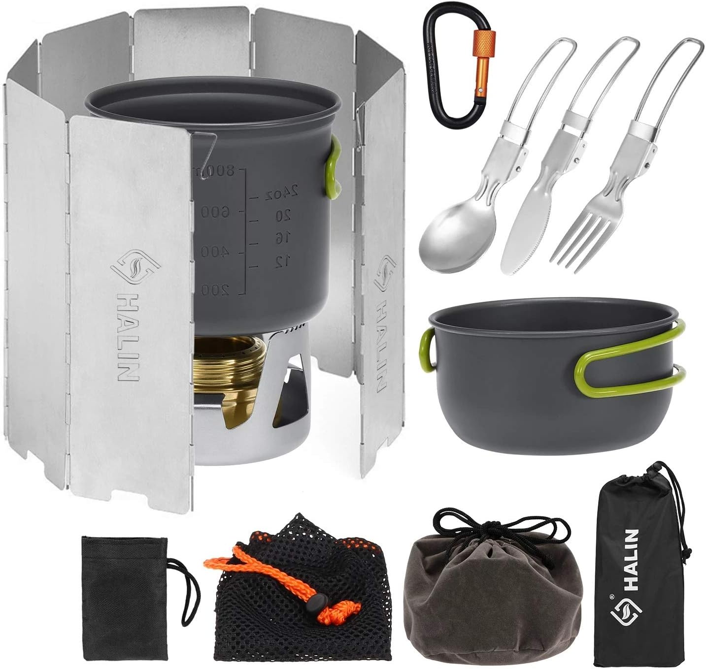 13PCS Camping Cookware Mess Kit Alcohol Stove Cooking Pot Windshield Cookset Folding Fork Cutter Spoon Carabiner Camping Hiking