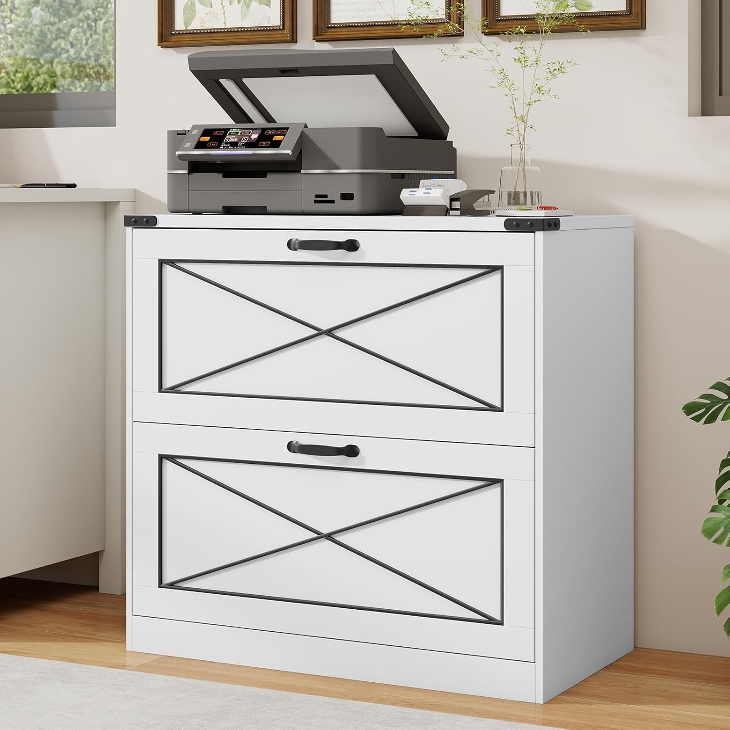 Vabches Lateral File Cabinet with 2 Drawers, Farmhouse Filing Cabinet Office File Cabinet with File Drawers, Wood Rustic Storage Cabinet File Organizer for Home Office, Living Room, White