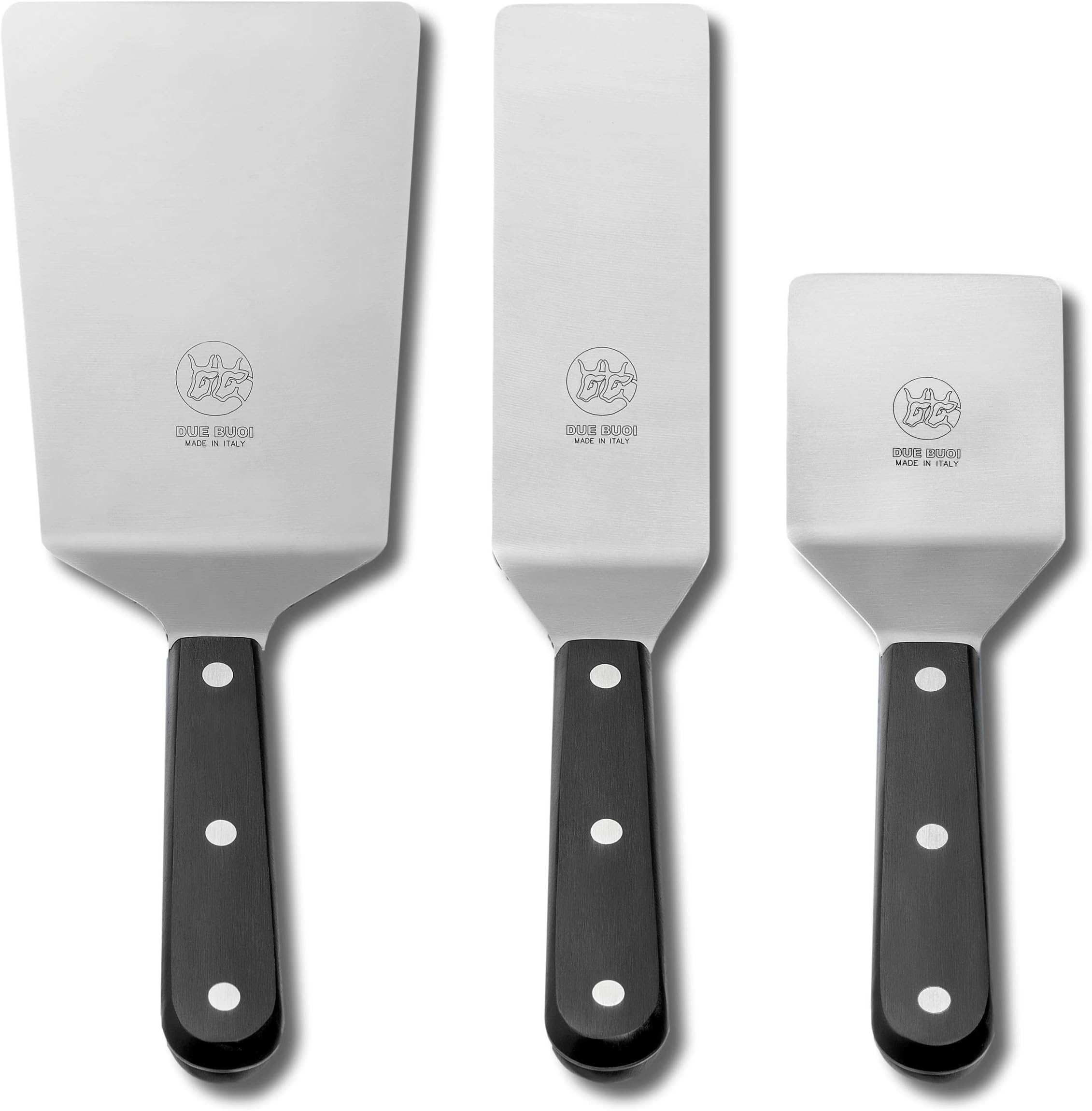 DUE BUOI Set Wide Spatula blade dimension 4" x 6"1/3 + Square Spatula blade dimension 2"1/2 X 2"1/2 + Narrow Spatula blade dimension 2" x 6"1/3 Kitchen bbq grill griddle pastry. ICQ Approved.