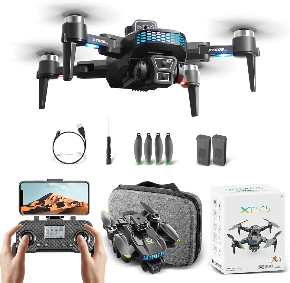 Drone com Câmera 4K, Controle Remoto, GPS Câmera HD, Wi-Fi, 1200m de Alcance Gps Profissional Drone Fpv, Brinquedos Educativos, 2 Baterias de 2000mAh, Transmissão em Tempo Real (XT505)