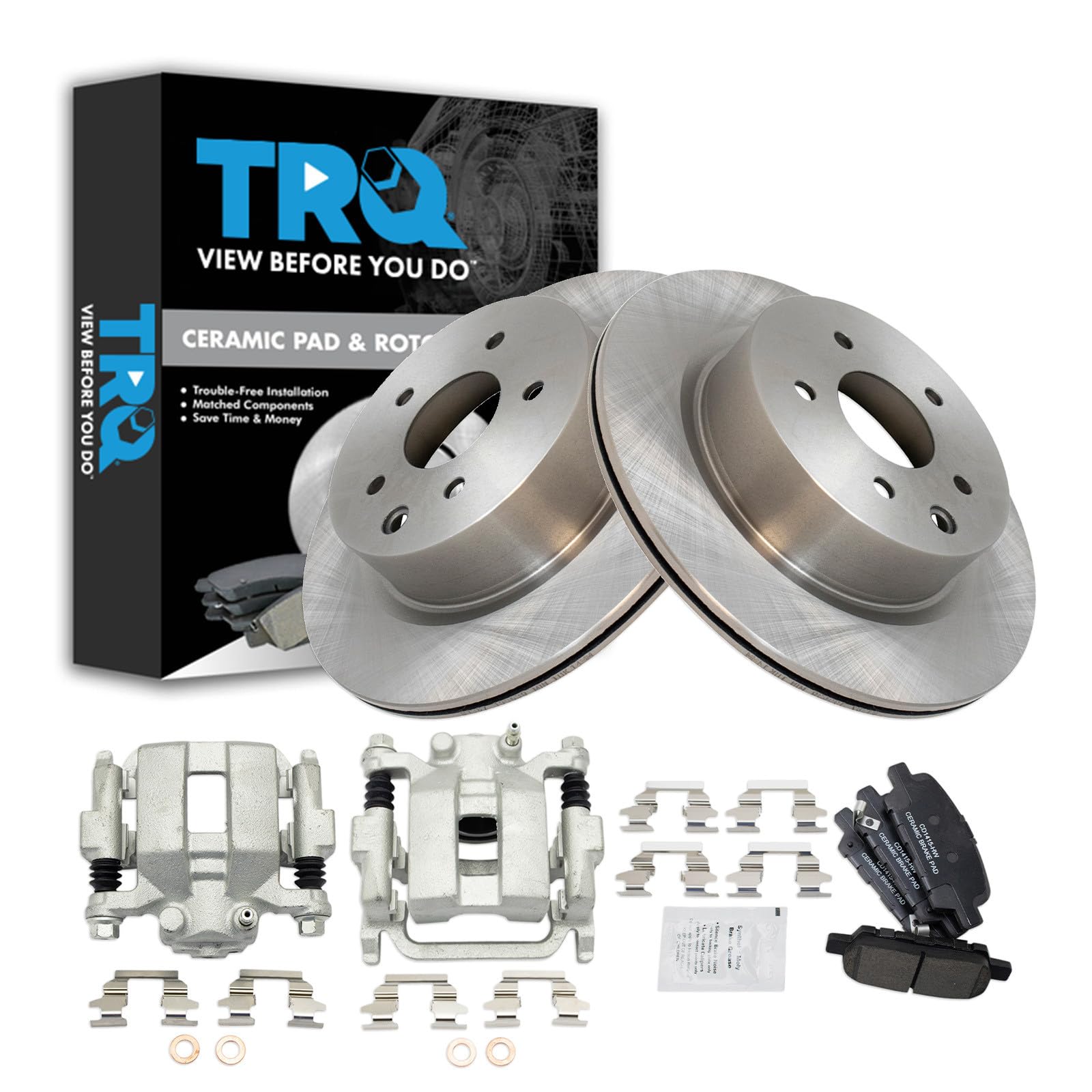 TRQ Rear Brake Pad and Rotor Set Ceramic Calipers Compatible with 2005-2007 Infiniti G35 2006-2009 M35 M45 2007-2009 Nissan 350Z