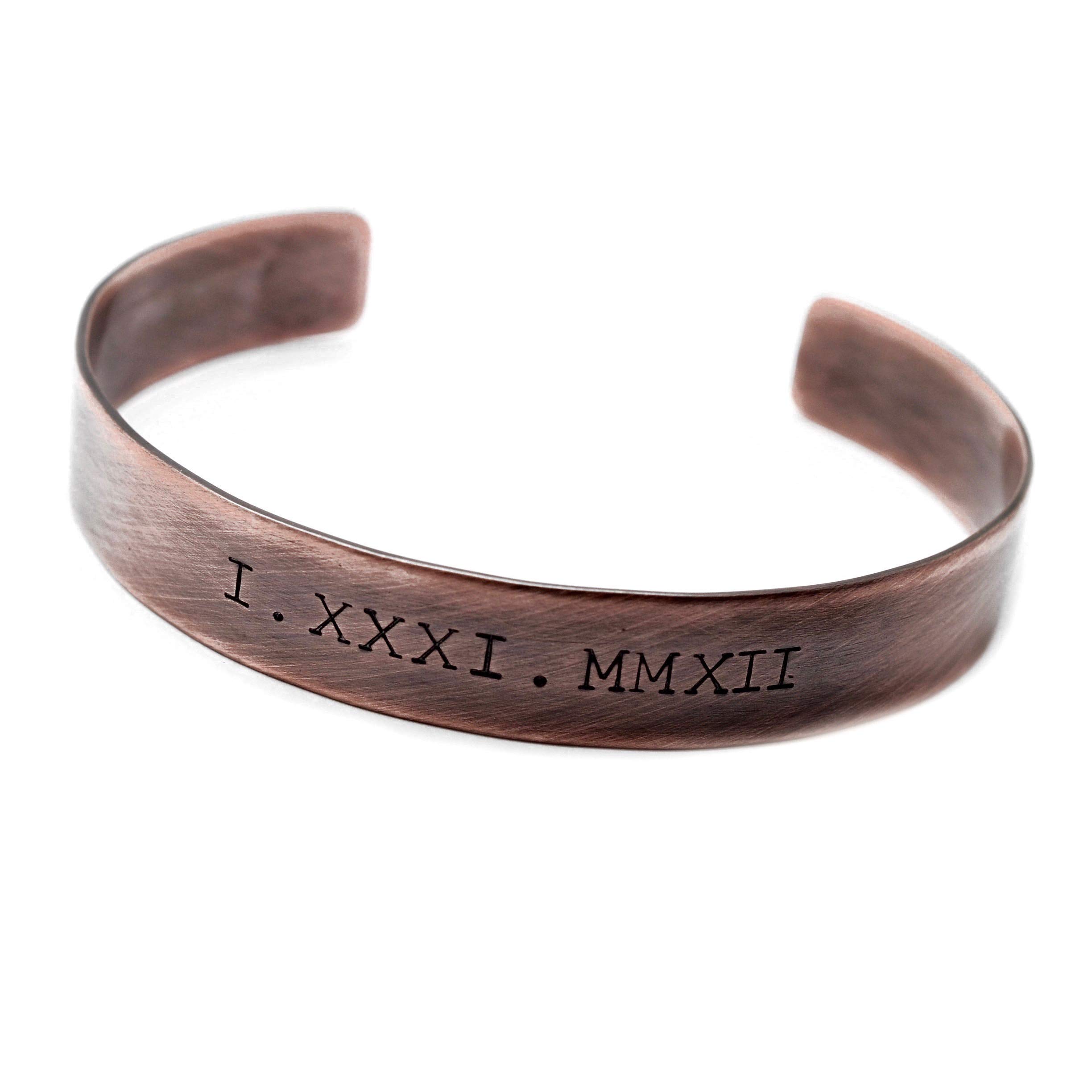 Love It PersonalizedRoman Numerals Copper Cuff Bracelet - Custom Date, Anniversary Valentines Gift for Men Women