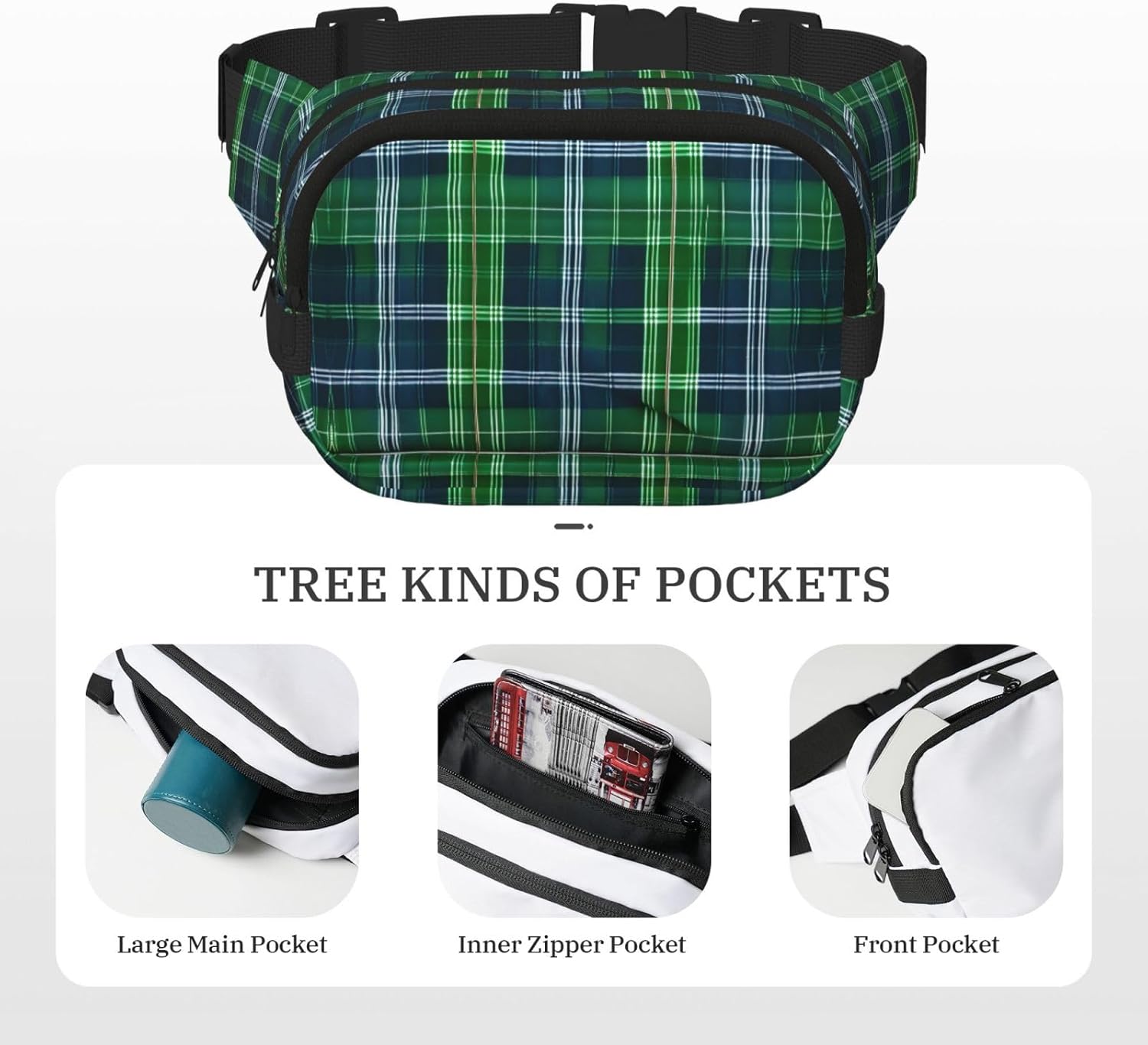 Blue Scottish Tartan print Large Fanny Packs for Women Cute Cross Body Waist Bag Fashionable Fanny Pack