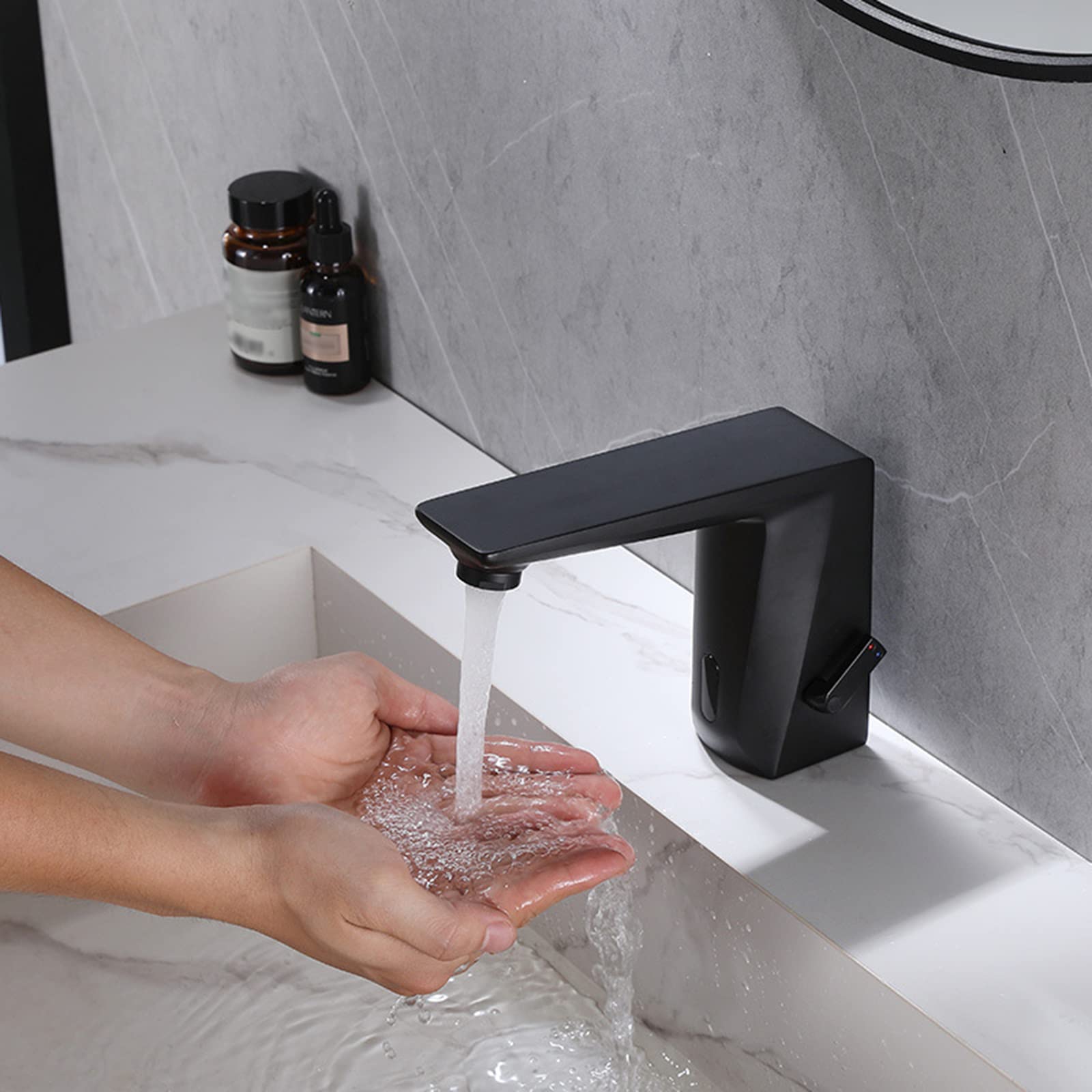 XJTNLB Grifo Baño Sensor Automatico Grifería Lavabos, Grifo de Lavabo Automático con Sensor Infrarrojo Negro