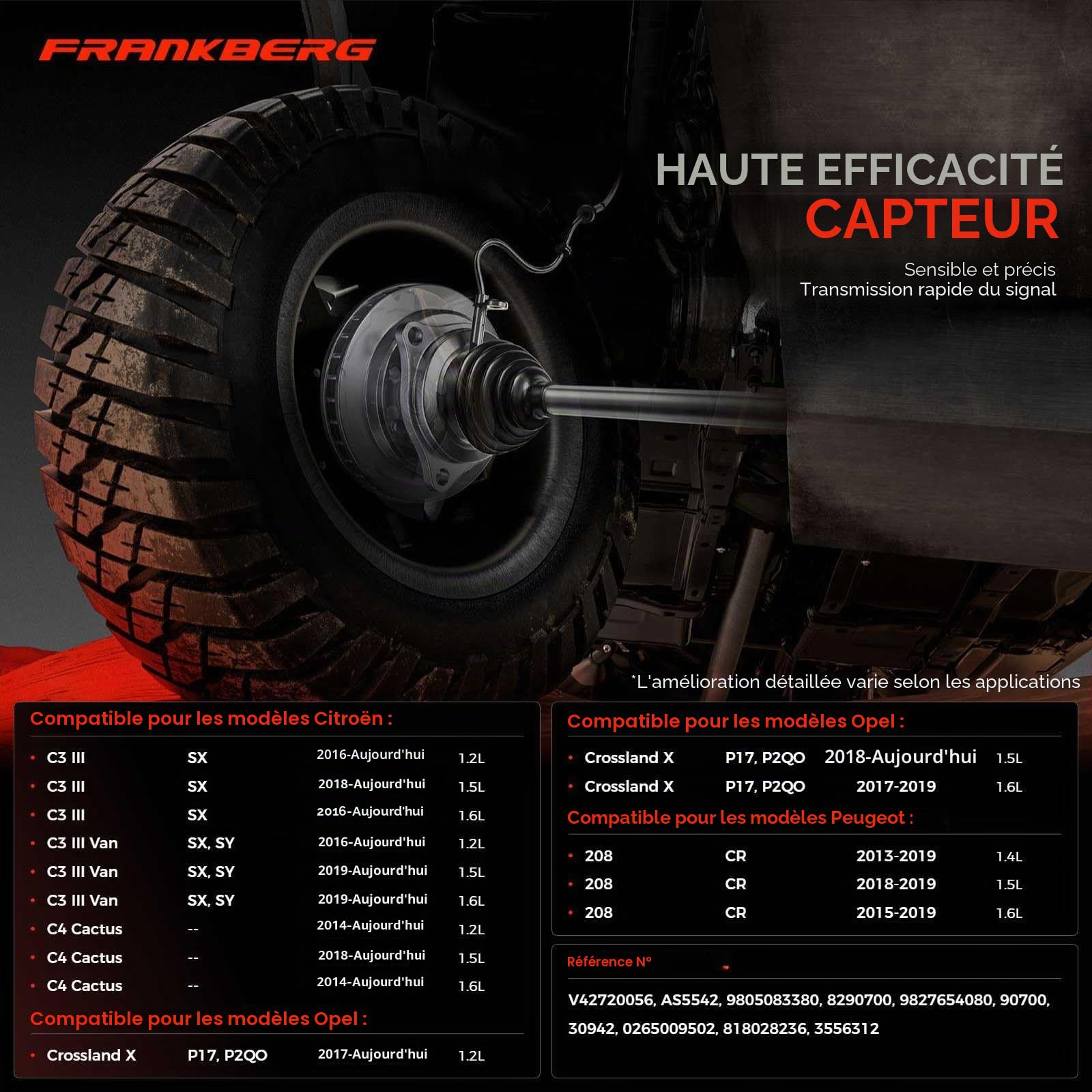 Frankberg capteurs ABS 2 broches arrière gauche droit 9805083380 | Compatible avec: Crossland X P17 P2QO, Fourgon Crossland X, 2008 I Van CU, C3 III Fourgon SX SY, C3 Aircross II 2C 2R