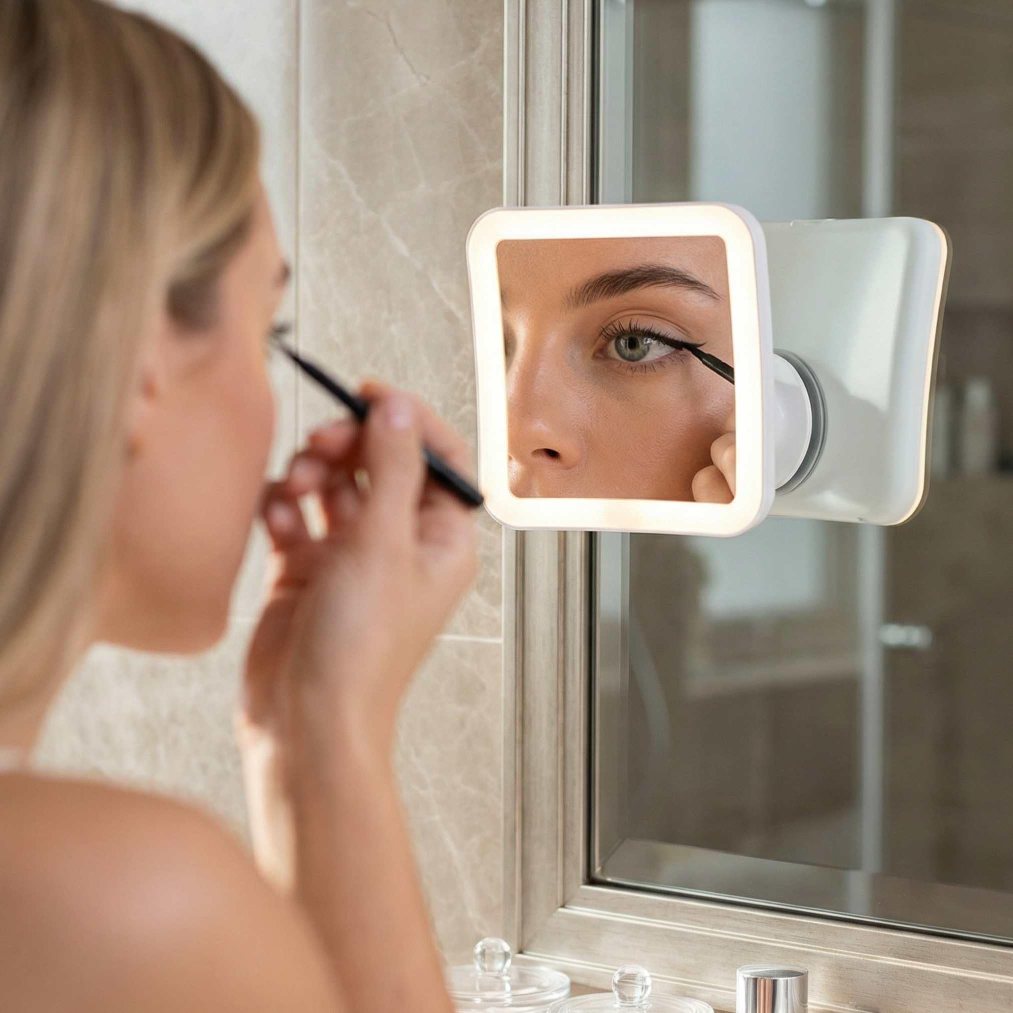 Fancii 10x Specchio ingranditore per Trucco con Luce LED e Ventosa Potente - Specchio cosmetico da Viaggio Illuminato - Specchio da Bagno Portatile, Mira (10X)
