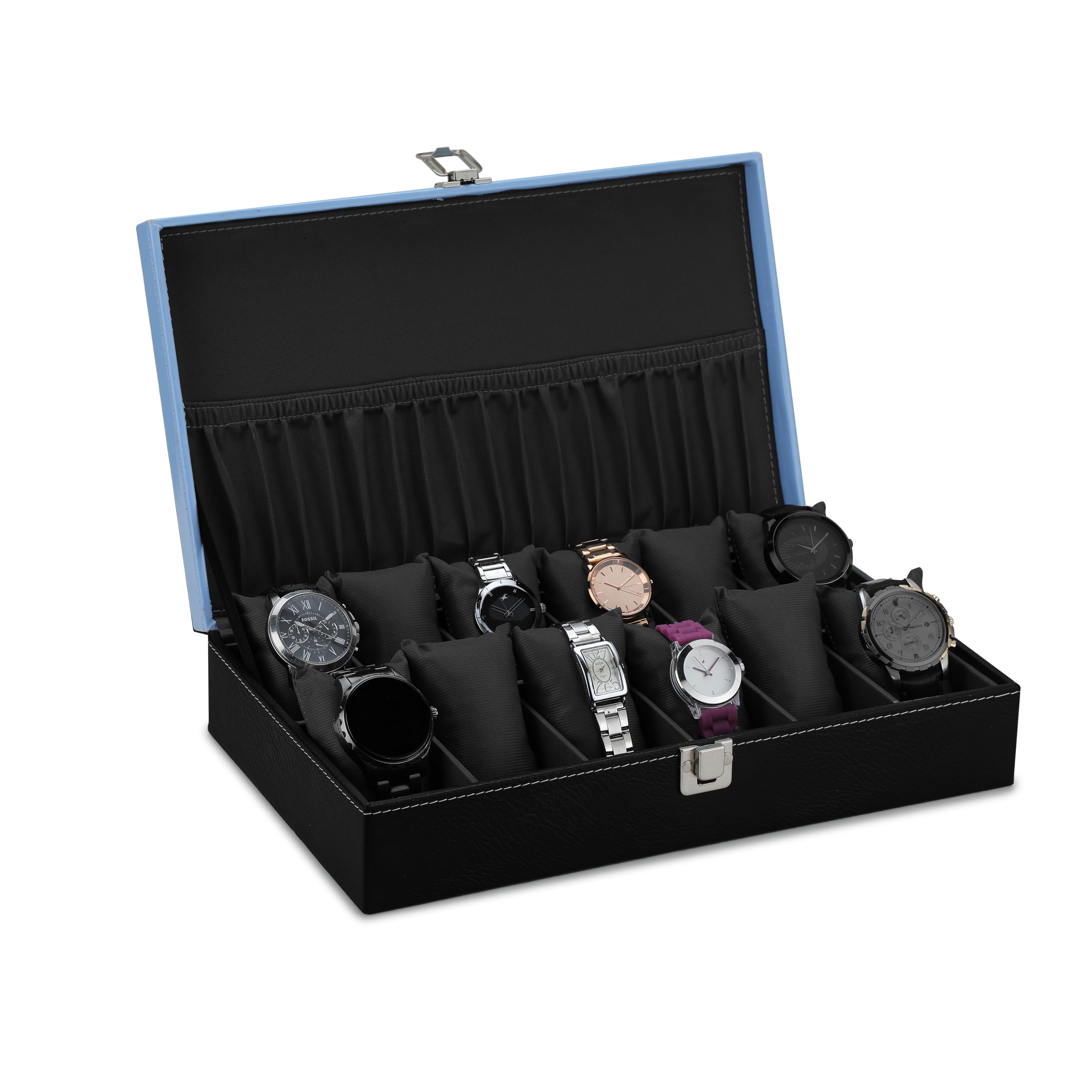 ZENWOOD Mens Womens, 12-Slot Watch Case with Large Glass Lid, Removable Watch Pillows, Watch Box Organizer, Gift for Loved Ones, Black and Sky Blue Leatherette, Black Color Velvet (B0DB61Z627) Amazon Price History, Amazon Price Tracker