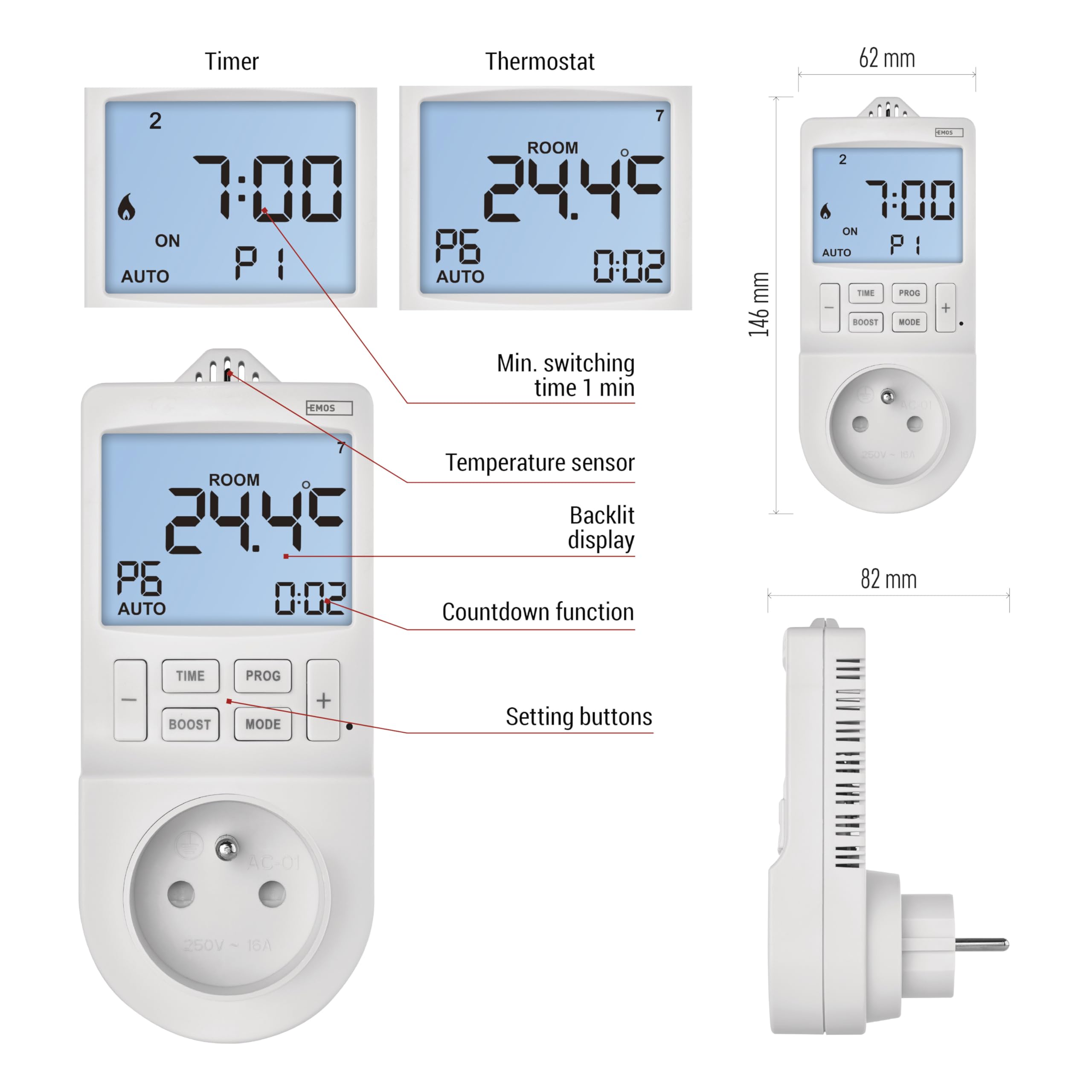 EMOS GoSmart - Thermostat et minuterie de Prise 2en1 avec app - régulateur de température ambiante numérique Smart Home et Prise de Courant avec minuterie pour Le Chauffage et la climatisation