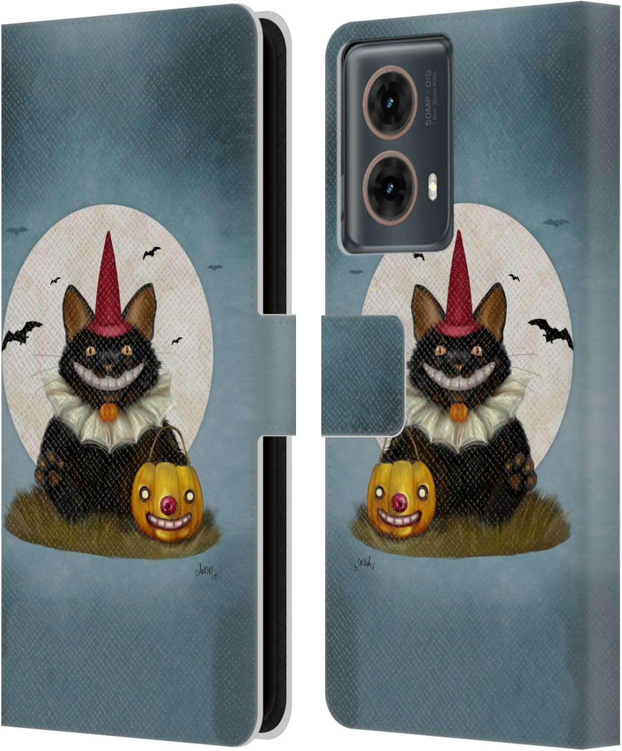 Head Case Designs Officially Licensed Ash Evans Party Cat Black Cats 2 Leather Book Wallet Case Cover Compatible with Motorola Moto G85