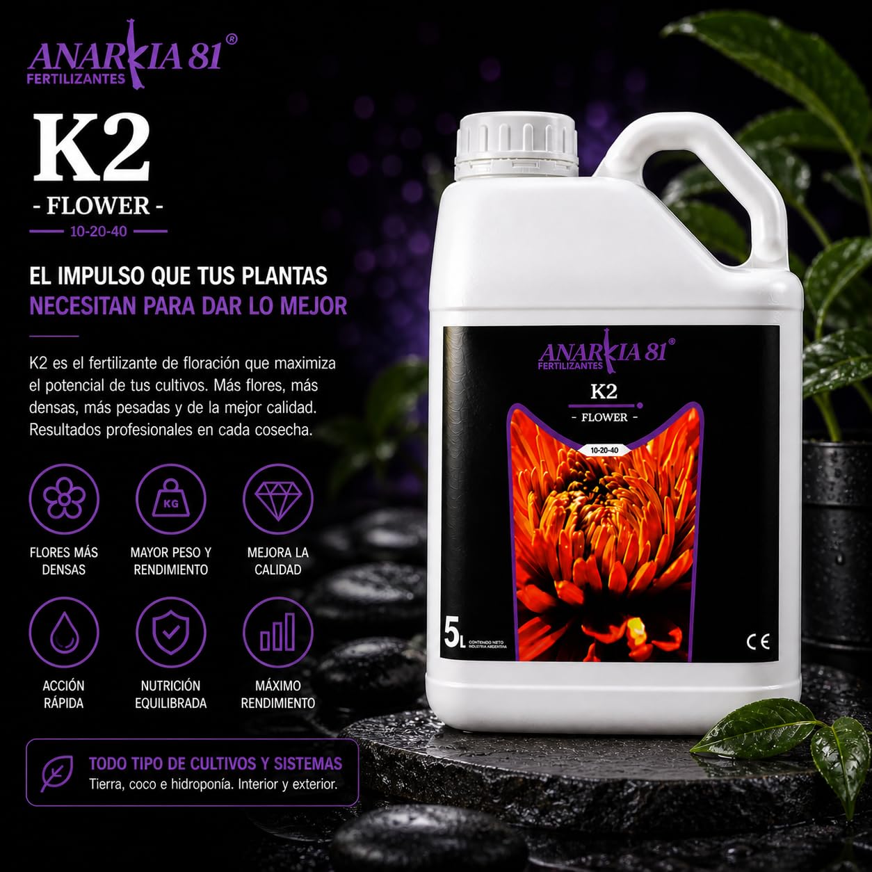 K2 5 L – Fertilizante de Floración para Plantas Nutrición Base Alta Concentración PK Acción Rápida Mejora Densidad Peso y Rendimiento en Cultivo Interior y Exterior - Anarkia81