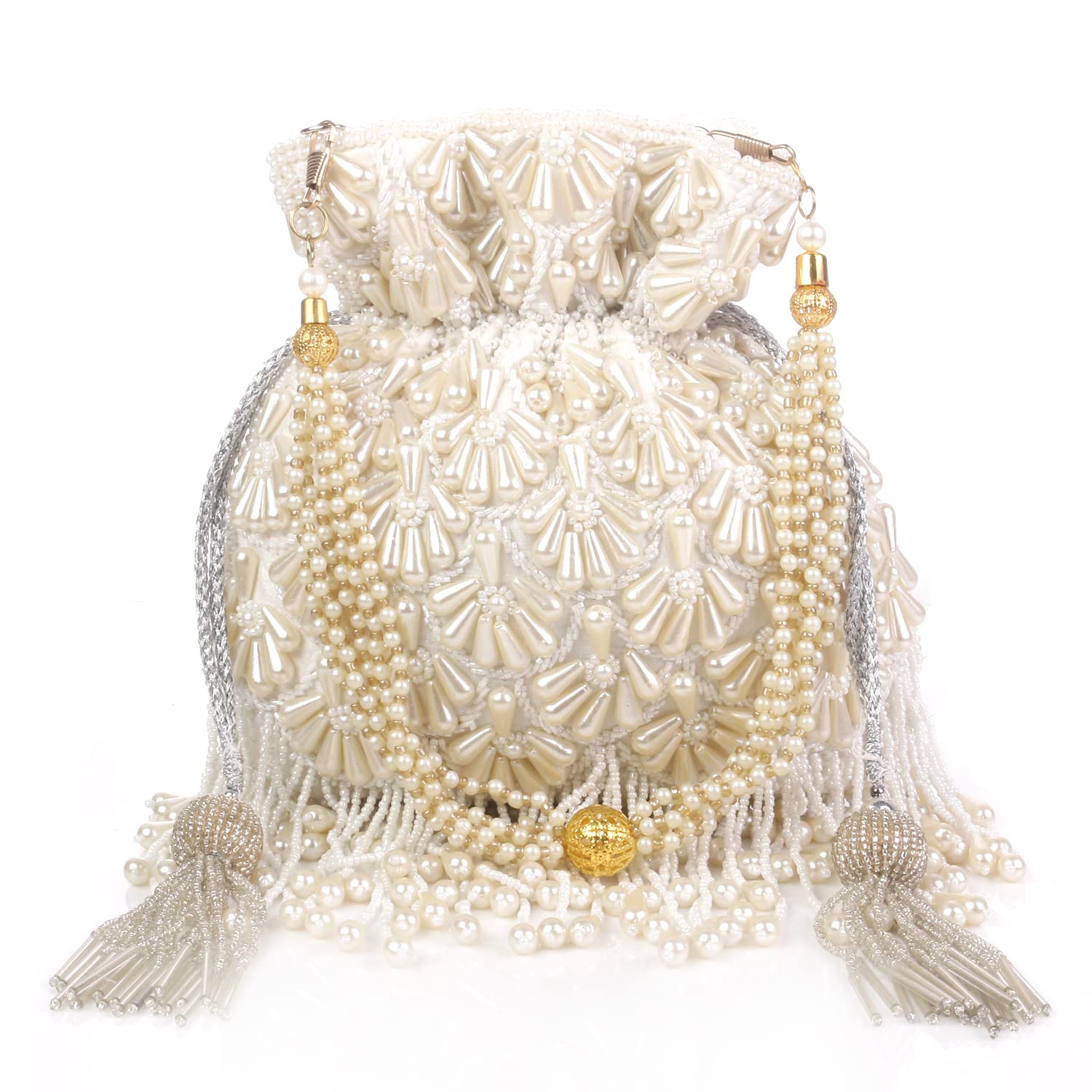 swisni White White Pearl Allover Embroidered Potli Bag For Wedding Party II Women's Traditional Designer Clutch For Women & Girls II DESIGNER POTLIS-picture-20