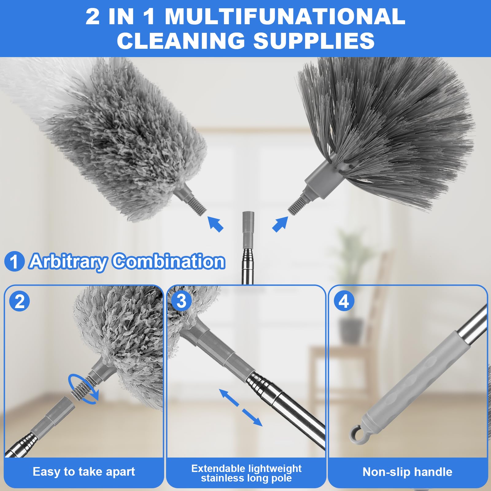 Plumero para limpieza, plumero de telaraña con poste de extensión, 3 piezas de limpiador de ventilador de techo, mango extendido, limpiador de persianas