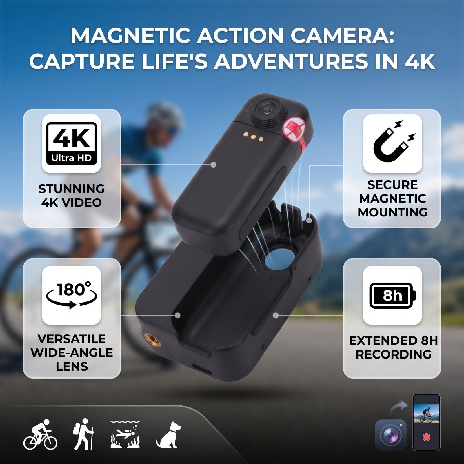 LICAEVEY Action Camera 4K 12MP con Obiettivo Grandangolare 180° per Esterni