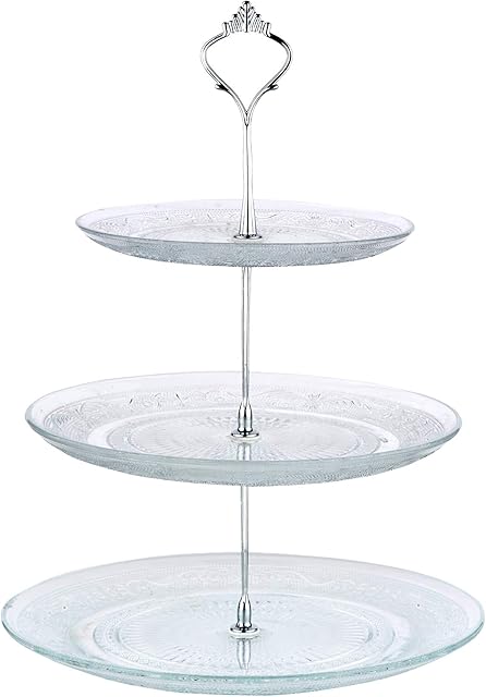 Nyxi 3 Tier Cake Stand Afternoon Tea Serving Plate Embossed Glass Cake Stand Round Display with New Crown Fittings