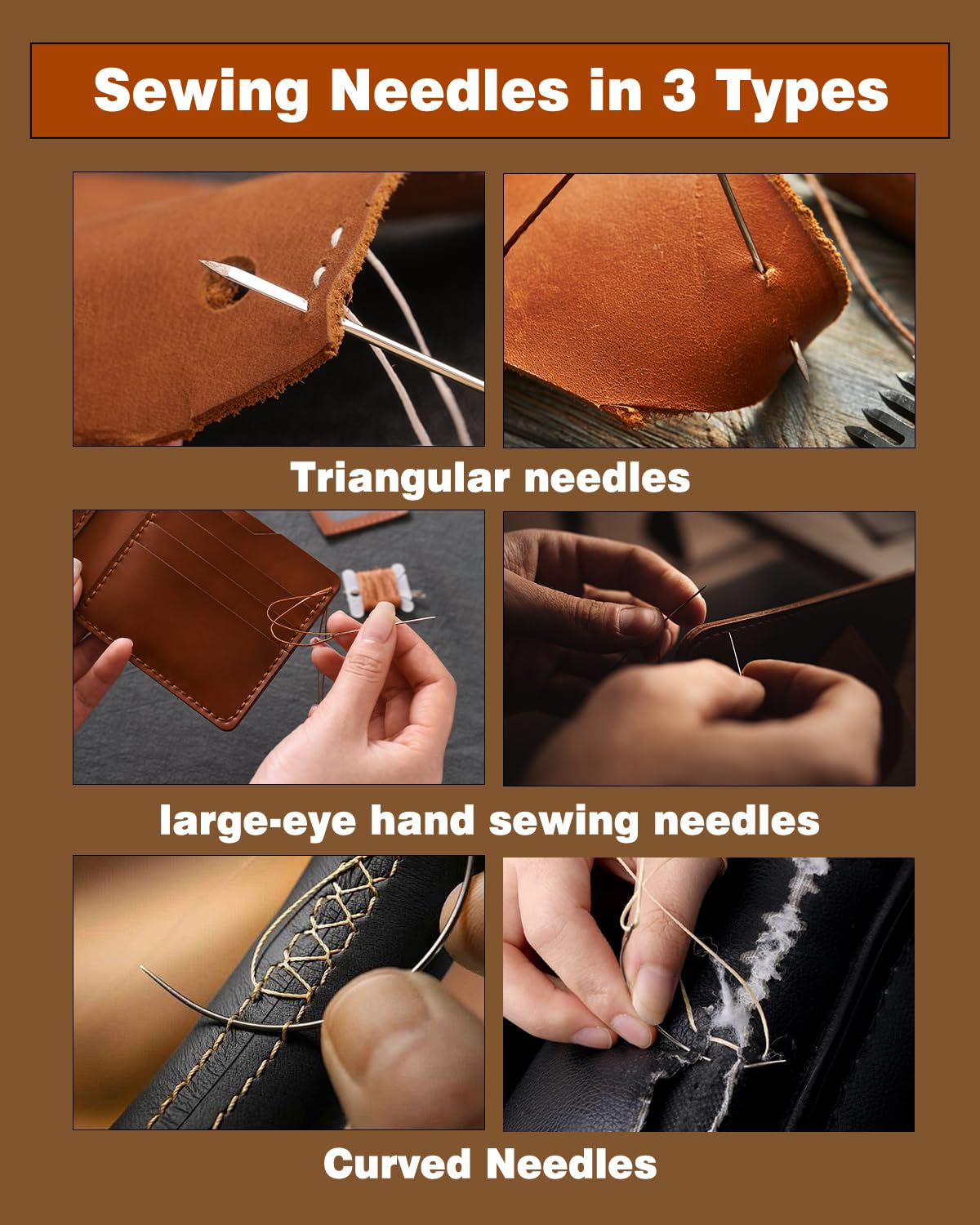 FOUSNOW 24 agujas de coser de cuero, kit de agujas de coser resistentes con agujas de tapicería, enhebradores de agujas para coser a mano, agujas de coser curvadas para cuero, tapicería, coche,