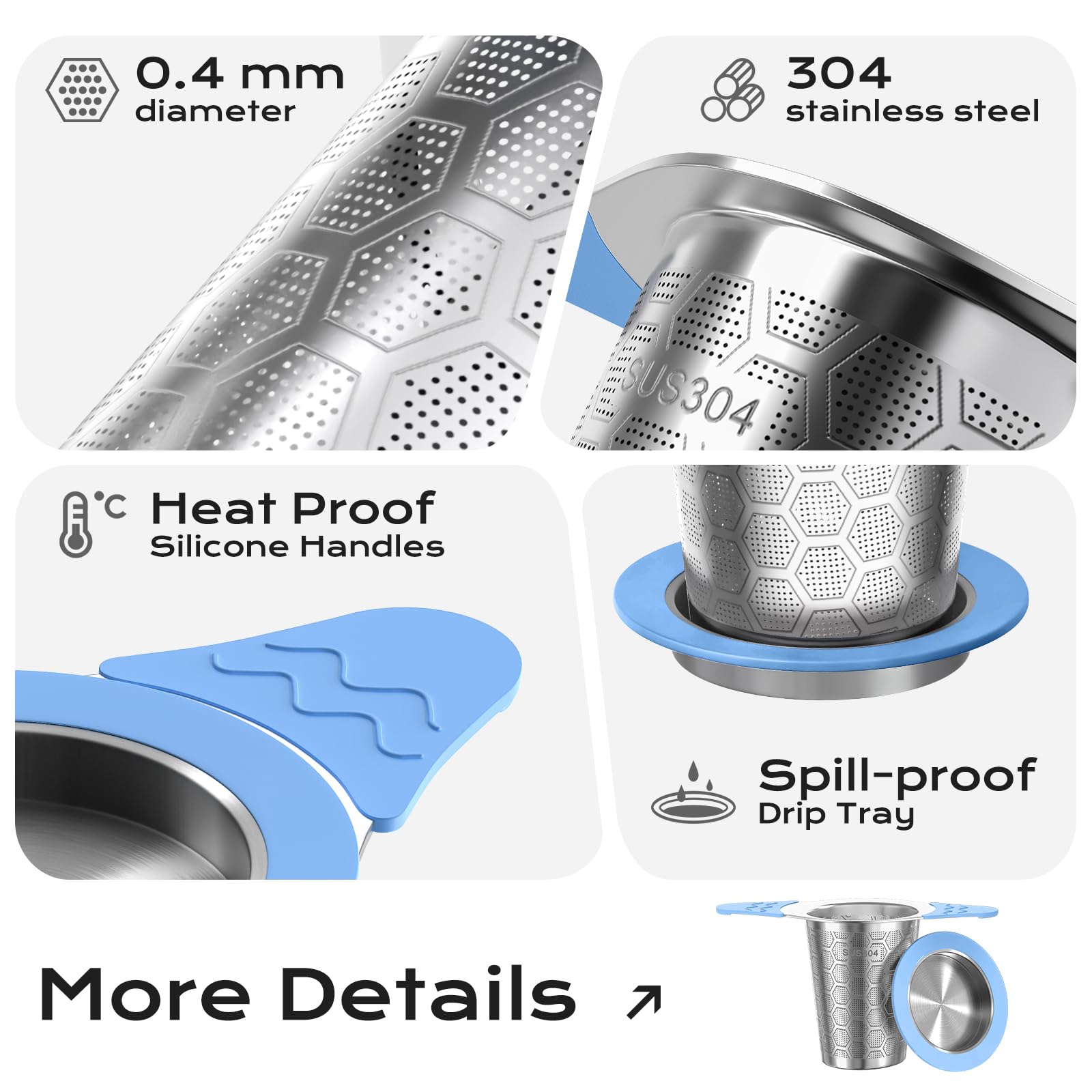 Tea Strainer for Loose Tea 304 Stainless Steel Tea Infuser with Lid & Double Silicone Handles, Tea Filter Fine Mesh, Teapots - Image 2