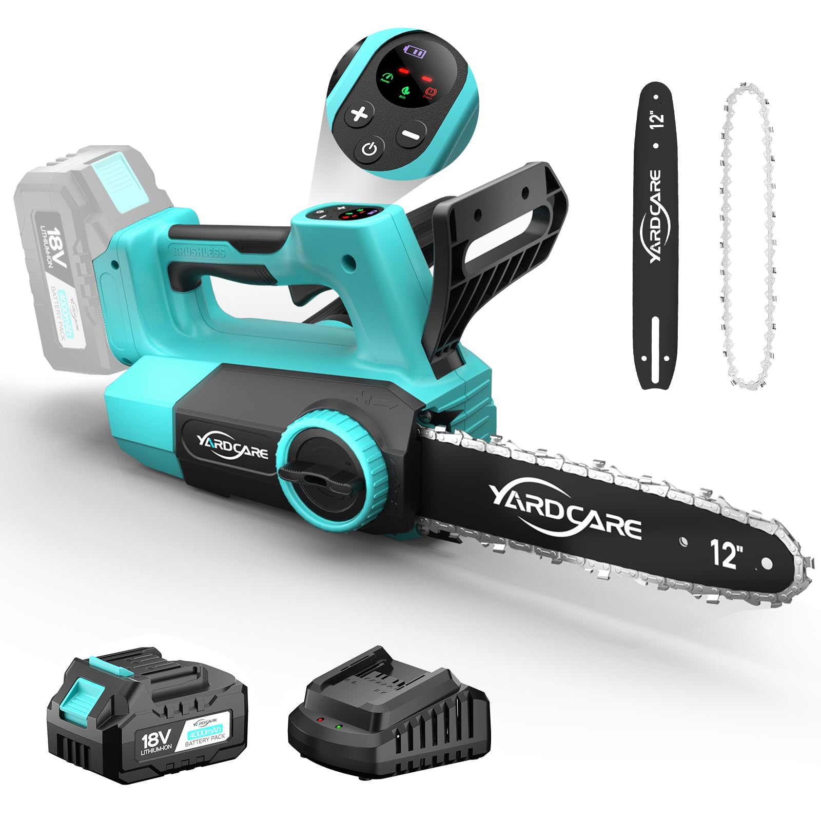 (2025 New) YARDCARE 12-Inch 18V Cordless Chainsaw with 4.0Ah Battery & Charger, LED Display, Dual Mode, High-Efficiency Brushless Motor for Wood Cutting