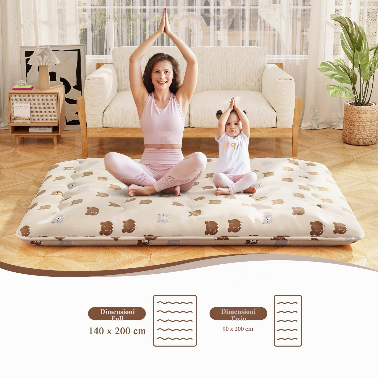 LIFEZEAL Futon Giapponese da Pavimento, Singolo 90x200cm, Materasso Futon da Terra, Tatami Cotone, Arrotolabile, Portatile, Pieghevole, con Fodera Lavabile, Borsa per Campeggio, Motivo a Orsetti