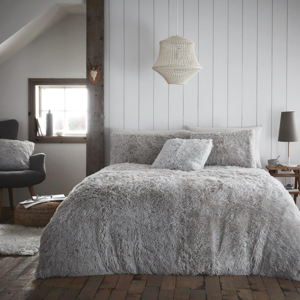 Artistic Fashionista Limited Grey Soft Warm & Cosy Teddy Bear Fleece Duvet Cover Set – Cuddly Long Faux Fur Bedding With Pillowcases, Fluffy Hug & Snug Quilt Cover, Plush Winter Bedding Set (, Double)