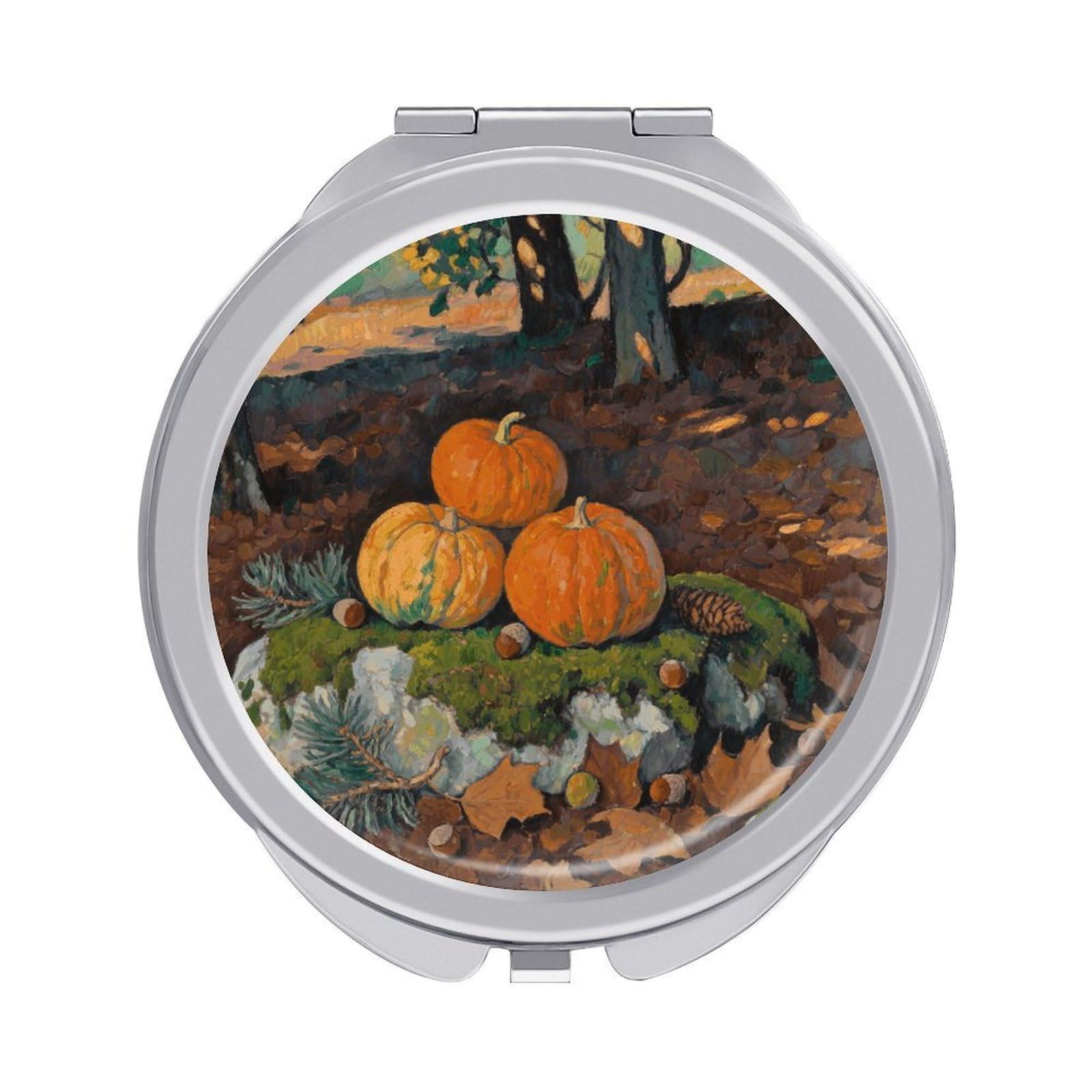 FodPand Compact Hand Mirror with 1x/2x Magnifying Round Travel Makeup Mirror Mini Foldable Leaves Pumpkin Cosmetic Mirrors Travel Essentials Gift for Women Girl Portable for Pocket Purse -Silver