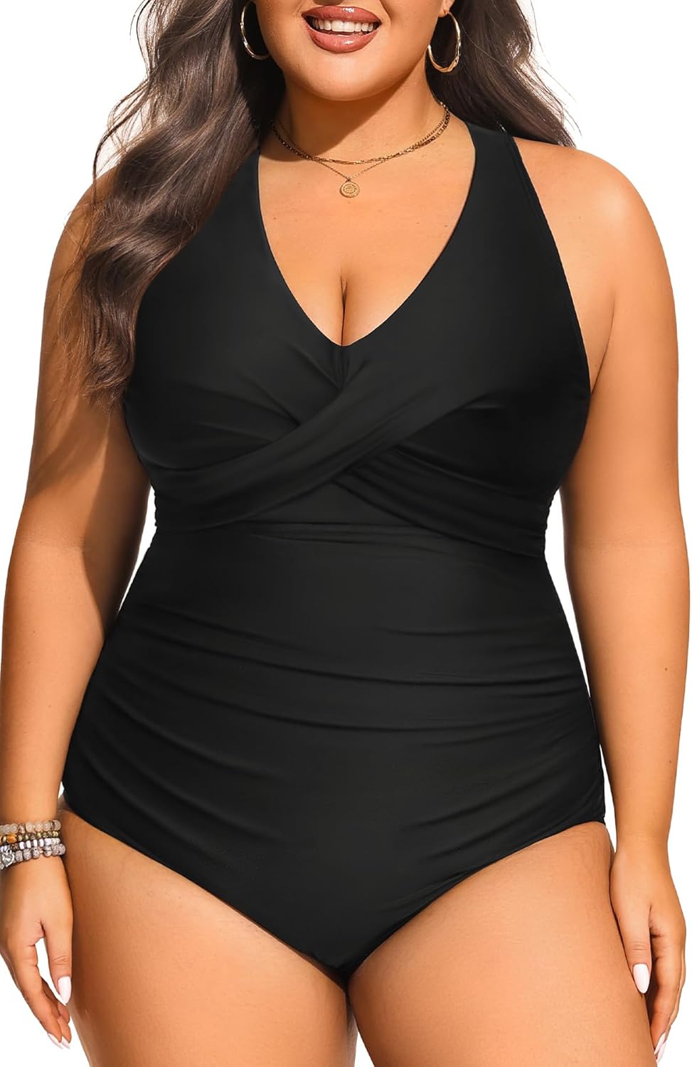 Daci Plus Size One Piece Swimsuit - Tummy Control Bathing Suit for Women V Neck Retro Twist Front Full Coverage Swimwear - Image 5