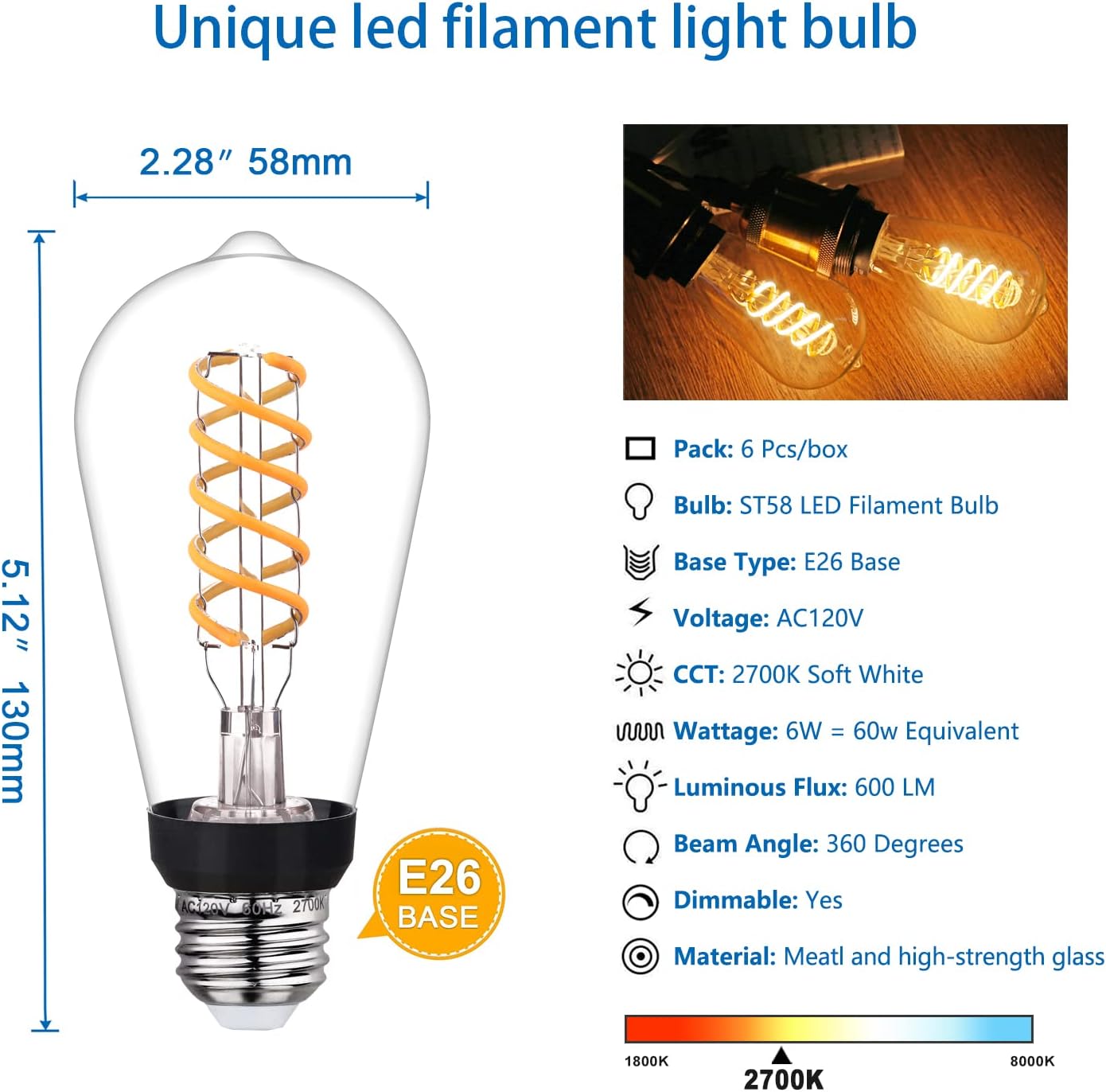 Dimmable Edison Bulbs, 6W Equivalent to 60W Vintage Light Bulbs, E26 Base 2700K ST58/ST19 LED Bulbs, Antique Flexible Spiral Filament Light Bulbs - Clear Glass 6Pack