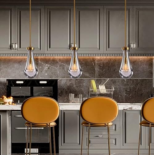 Miniatura 2 de Juego de 2 lámparas colgantes de latón, isla de cocina con cristal de gota de lluvia de arte hecho a mano, candelabro de cocina con bombilla LED