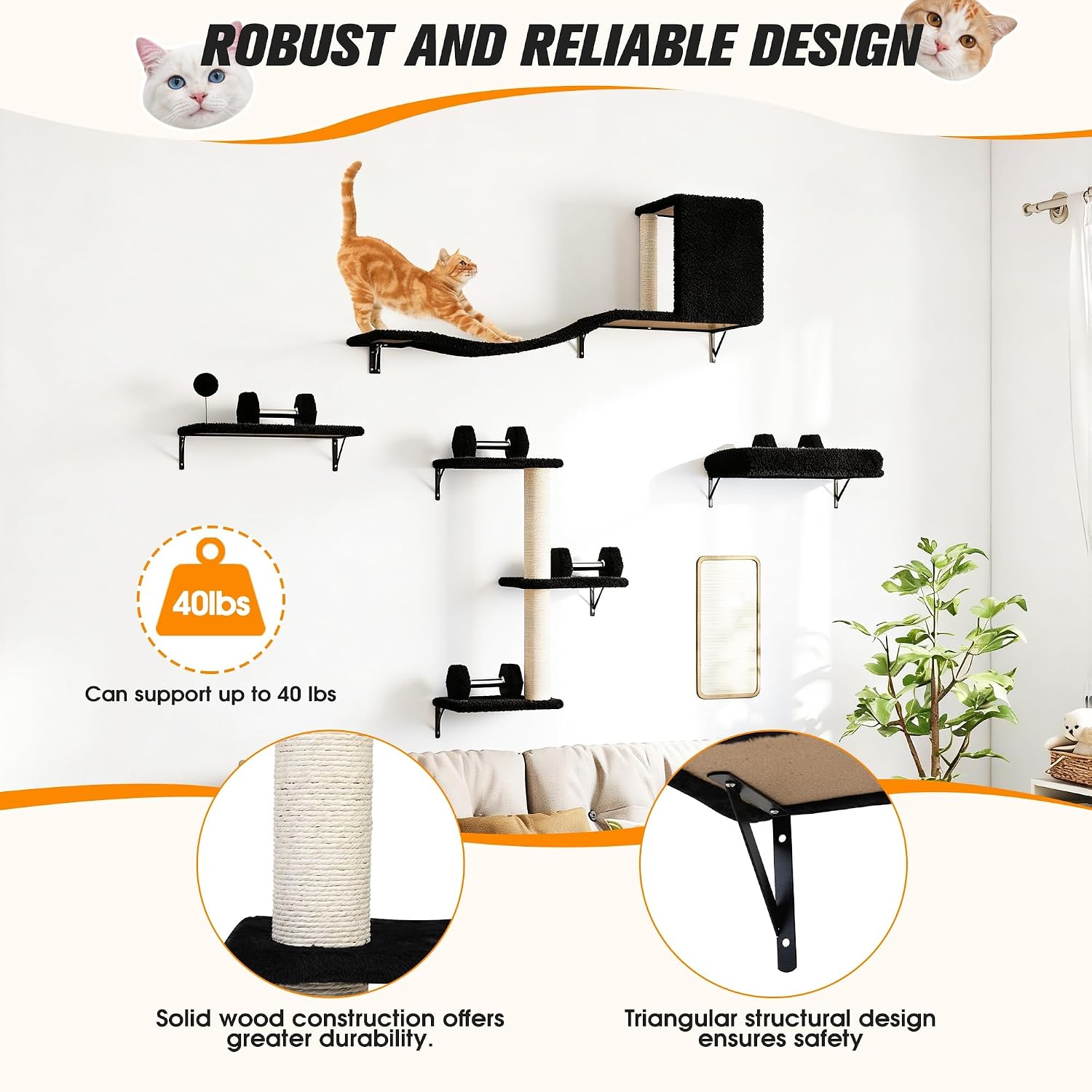 COZIWOW Cat Wall Shelves Set, 5-Piece Wall Mounted Cat Furniture with Cat Tree & Scratching Post, Floating Cat Perches for Indoor Cats（Black）