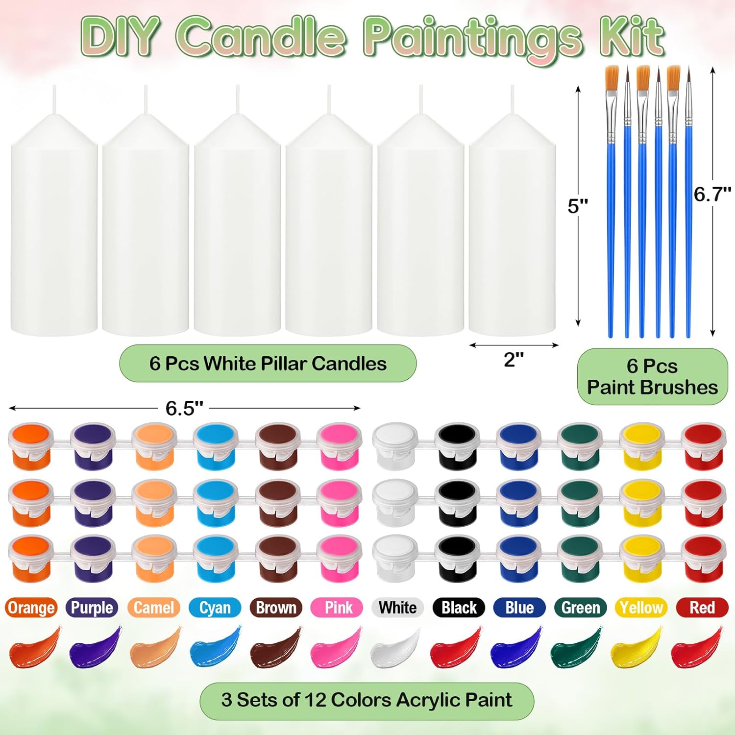 MTLEE 48 Pcs DIY Candle Painting Kit Include White Candles Colorful Acrylic Paint Strips and Paintbrushes for Crafts Making Wedding Birthday Party Centerpiece (Pillar)