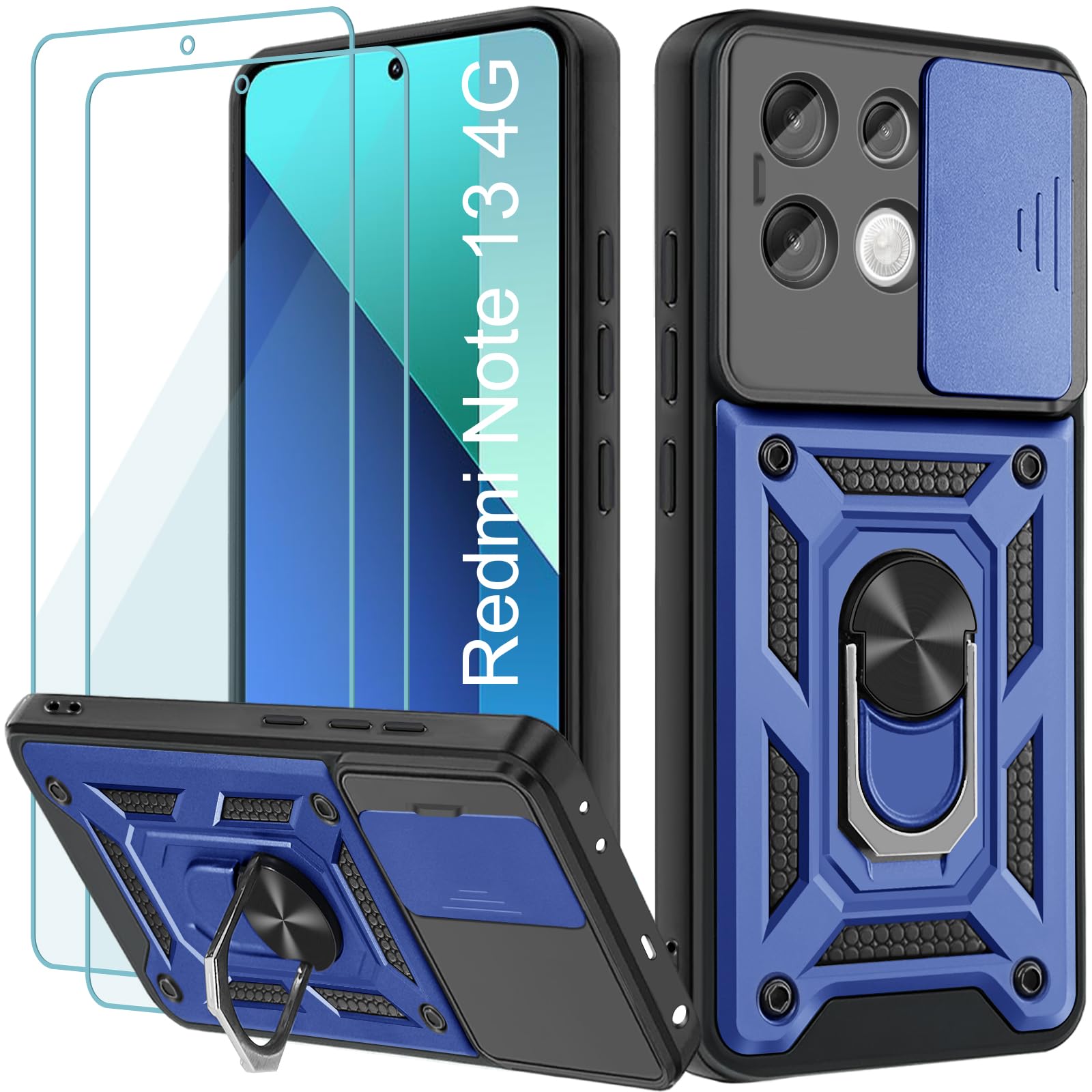 LeYi Cover Per Xiaomi Redmi 13 4G/Poco M6 4G Con Vetro Temperato (2 Pezzi) - Custodia Con Protezione Fotocamera Scorrevole, Anello Porta A 360° E Supporto Magnetico, Antiurto Militare TPU, Rosa - 2