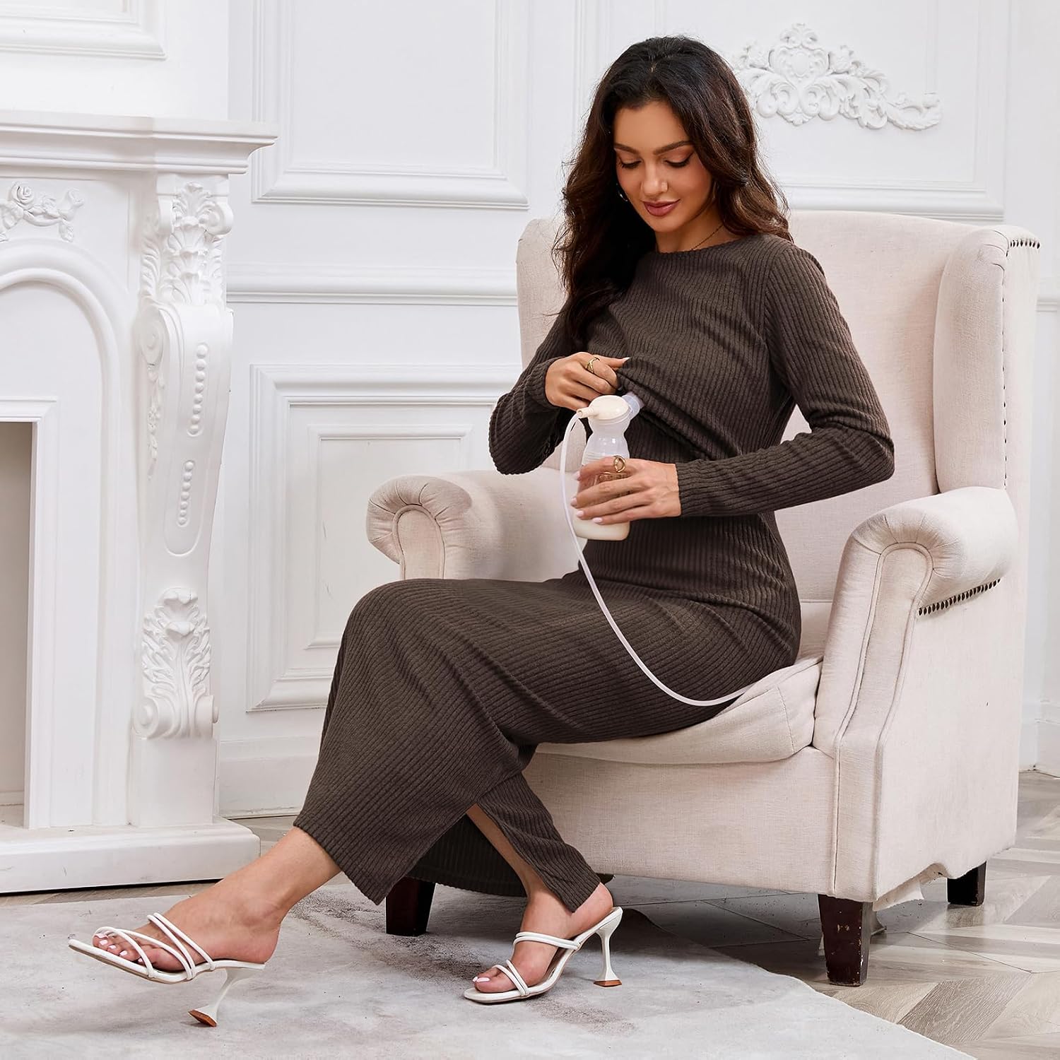 GINKANA Maternity Nursing Sweater Dress Long Sleeve Ribbed Knit Maxi Dress