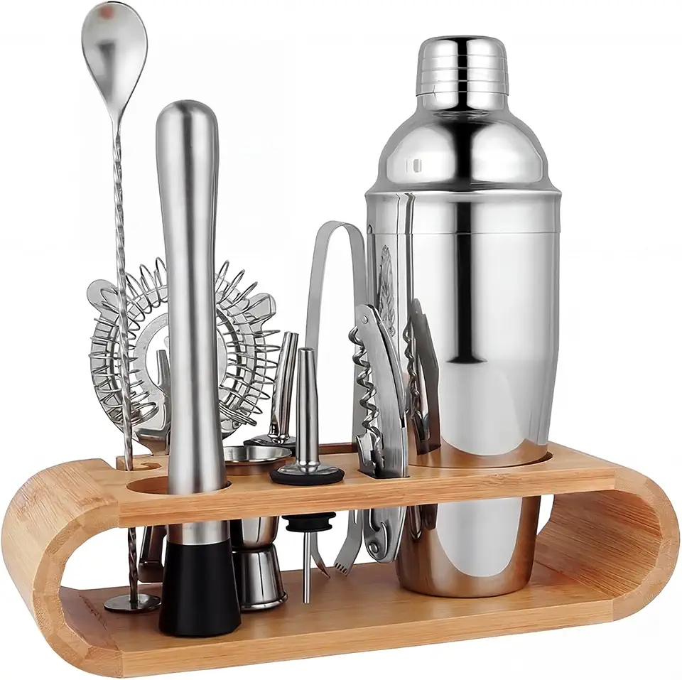 Kit Coquetel Drink Profissional 10 Peças Drink Barman Coqueteleira Inox 750ml Kit Bartender Conjunto Aço Inoxidável Barman com Suporte Coqueteleira Bebidas Mistas Casa Bar Festa