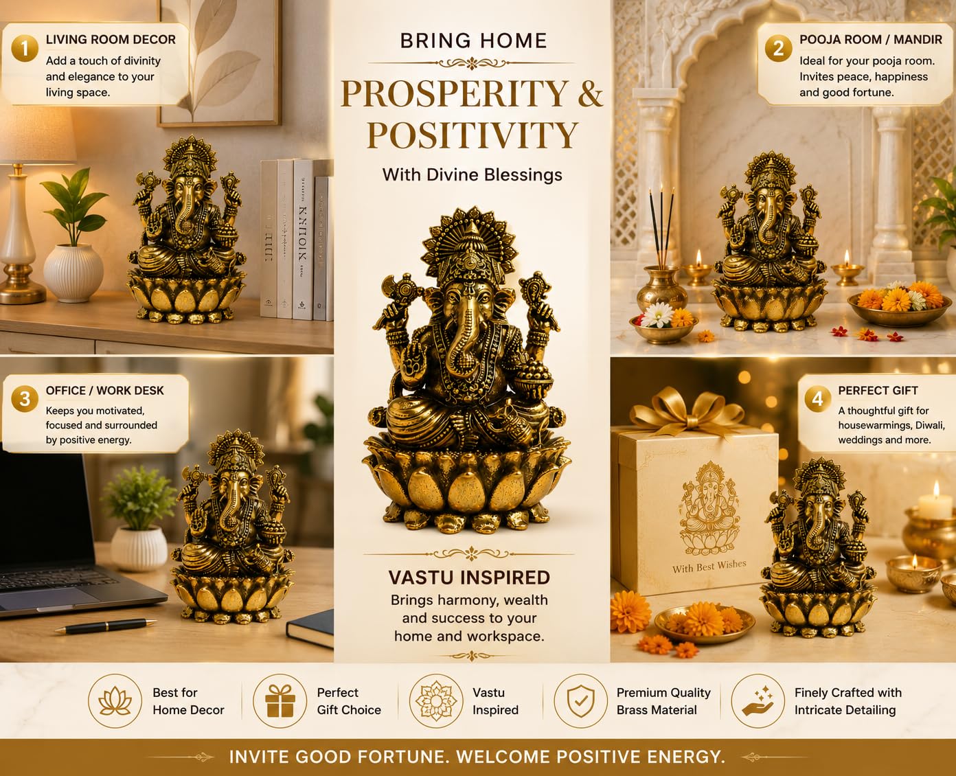 Blessora Craft Pure Brass Ganesha Idols for Gifts | Small Ganpati Idol for Home Decor Pooja Room| Ganesha Murti for Office Table | Vastu Ganesha for Entrance Home Door (8 cm) 4