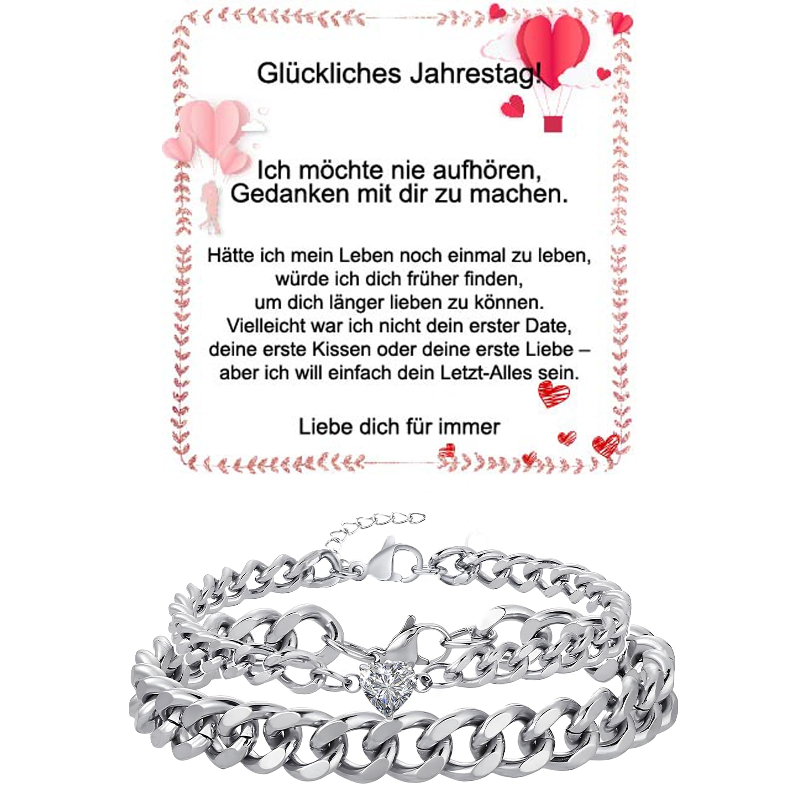 Fehki Edelstahl Paar Armband | Kubanische Kette verstellbar | Romantisches Geschenkset für Paare zum Valentinstag, Jahrestag & Geburtstag