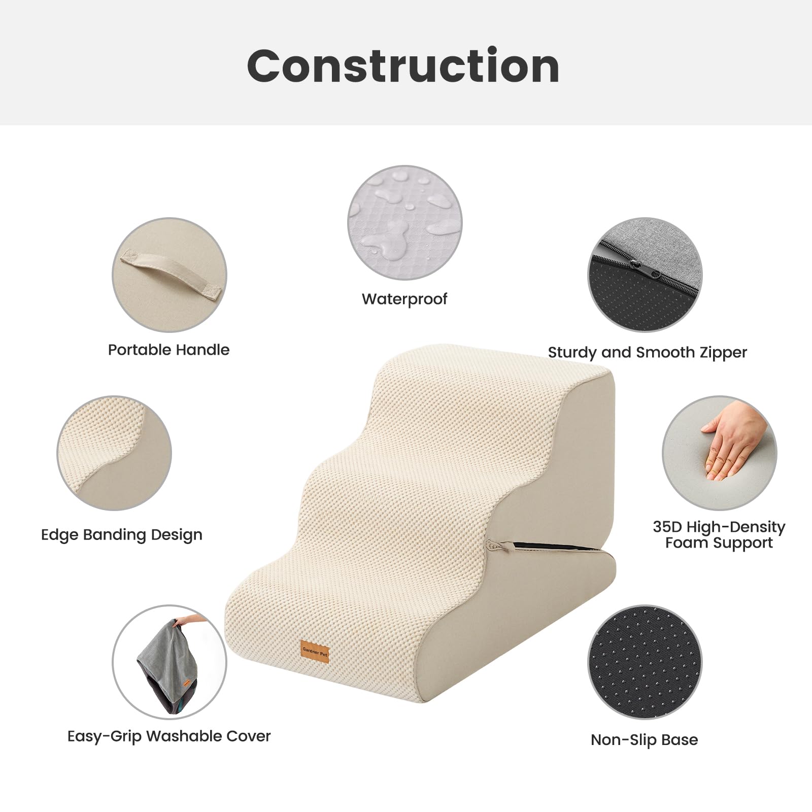 Gardner Pet Scala per Cani Piccoli 35/42cm, 3 Gradini, Rampina in Schiuma con Rivestimento Antiscivolo e Impermeabile per Letto, Divano e Auto, Beige