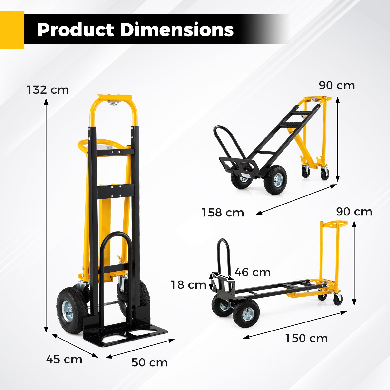 COSTWAY 3-in-1 Sackkarre & Transportwagen, Transportkarre max. 250KG & Plattformwagen max. 350KG, Klappbarer Handwagen mit Luftbereifung & Gummirädern, Handkarre Metall für Zuhause, Büro & Lager