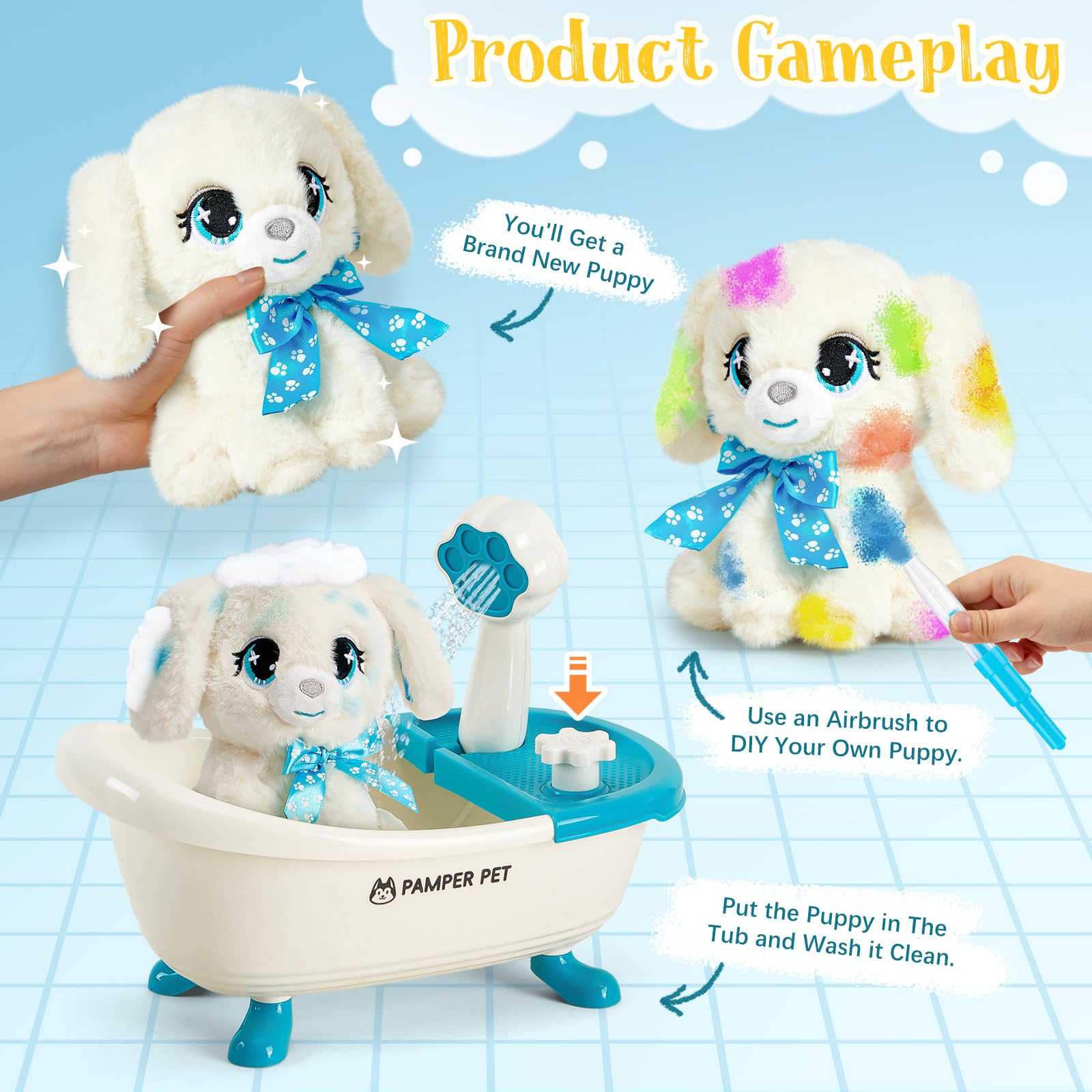 Toylink Hund Spielzeug Kinder, Hund Kuscheltier mit Drück-Wasser-Badewanne & Waschbaren Buntstifte, Kreatives Geschenk Mädchen 4 5 6 7 8 Jahre für Geburtstag Weihnachten