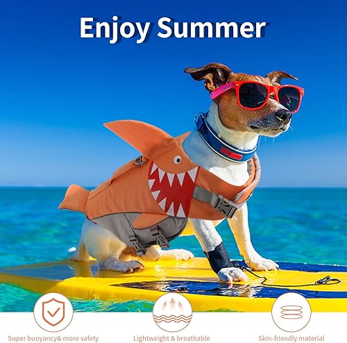 Miniatura 7 de Chaleco salvavidas para perros chaleco salvavidas para perros grandes, diseño de tiburón, antidesgarros, ajustable, para natación, barco, con rayas