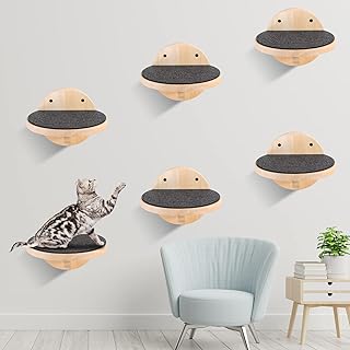 6 Pcs Cat Wall Mounted Shelves, Cat Wall Furniture with Scratching Non Slip Felt, Cat Wall Shelves Climbing Steps, Thick Secure Solid Wood Floating Wall Shelf for Sleeping Playing Lounging