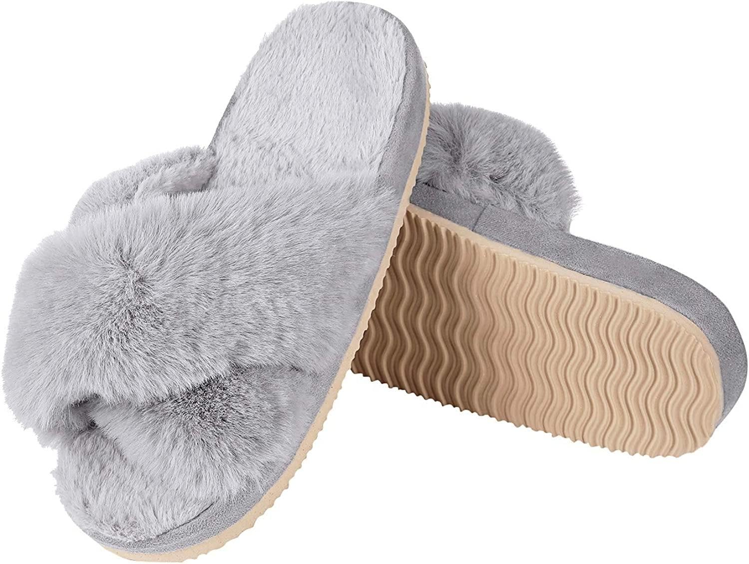 Women's Fuzzy Cross Band House Slippers Soft Plush Furry Fur Cozy Memory Foam Winter Warm Comfy Slipper Indoor Outdoor Slippers for Women and Girls 2 71hSyD0S7WL. SL1500