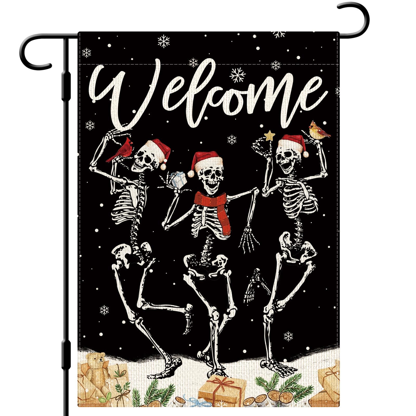 DLZDN Christmas Skeleton Garden Flag Funny Skull Garden Flag 12×18 Inch Double Side Rustic Farmhouse Yard Flag Christmas Winter Outdoor Decor