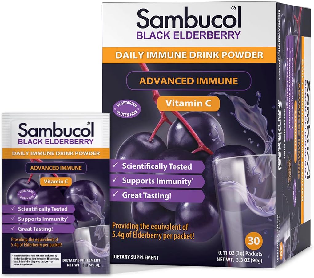 Sambucol Black Elderberry Drink Powder - Daily Immune Black Elderberry Powder with Vitamin C, Vegan Friendly, Sugar Free, Delicious Berry Taste - 30 Count