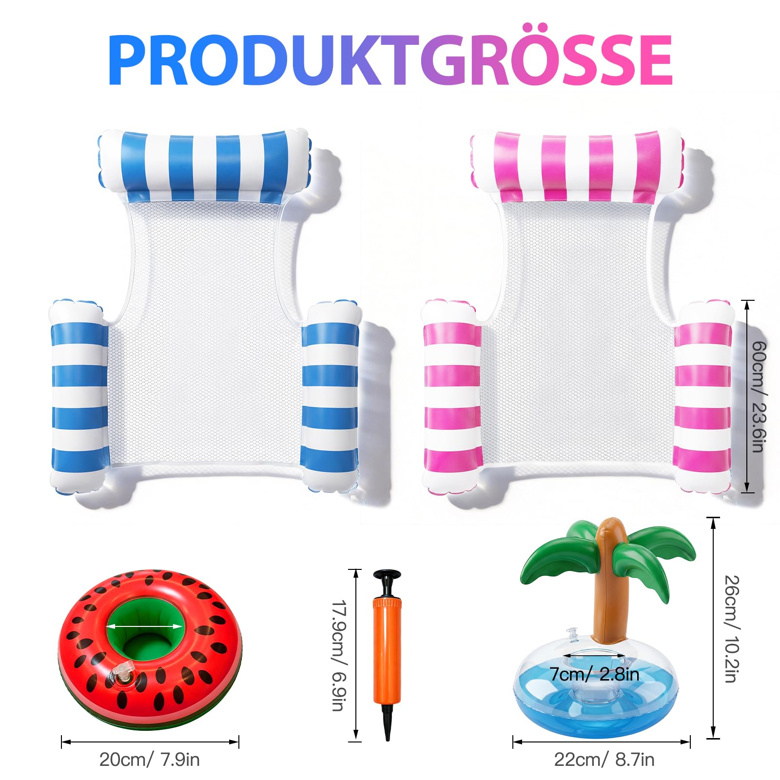 2 Stück Luftmatratze Wasser mit 1 Luftpump und 2 Getränkehalter，4 in 1 Wasserhängematte mit Netz Aufblasbare Schwimmsessel Wasser Matratze Pool Zubehör Liege Sofa Stuhl Sitz Erwachsene Kinder Stabil