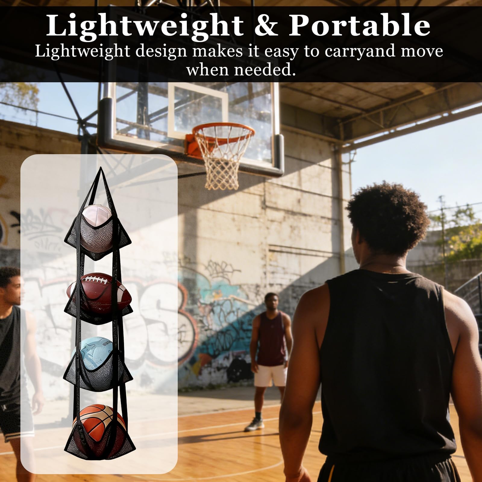 Rangement Ballon Mural Suspendu – Support Ballon 4 Niveaux, Filet de Rangement Ballons en Nylon pour Basketball Football Volleyball, Organisateur Gain de Place pour Garage, Cave, Salle de Sport (Noir)