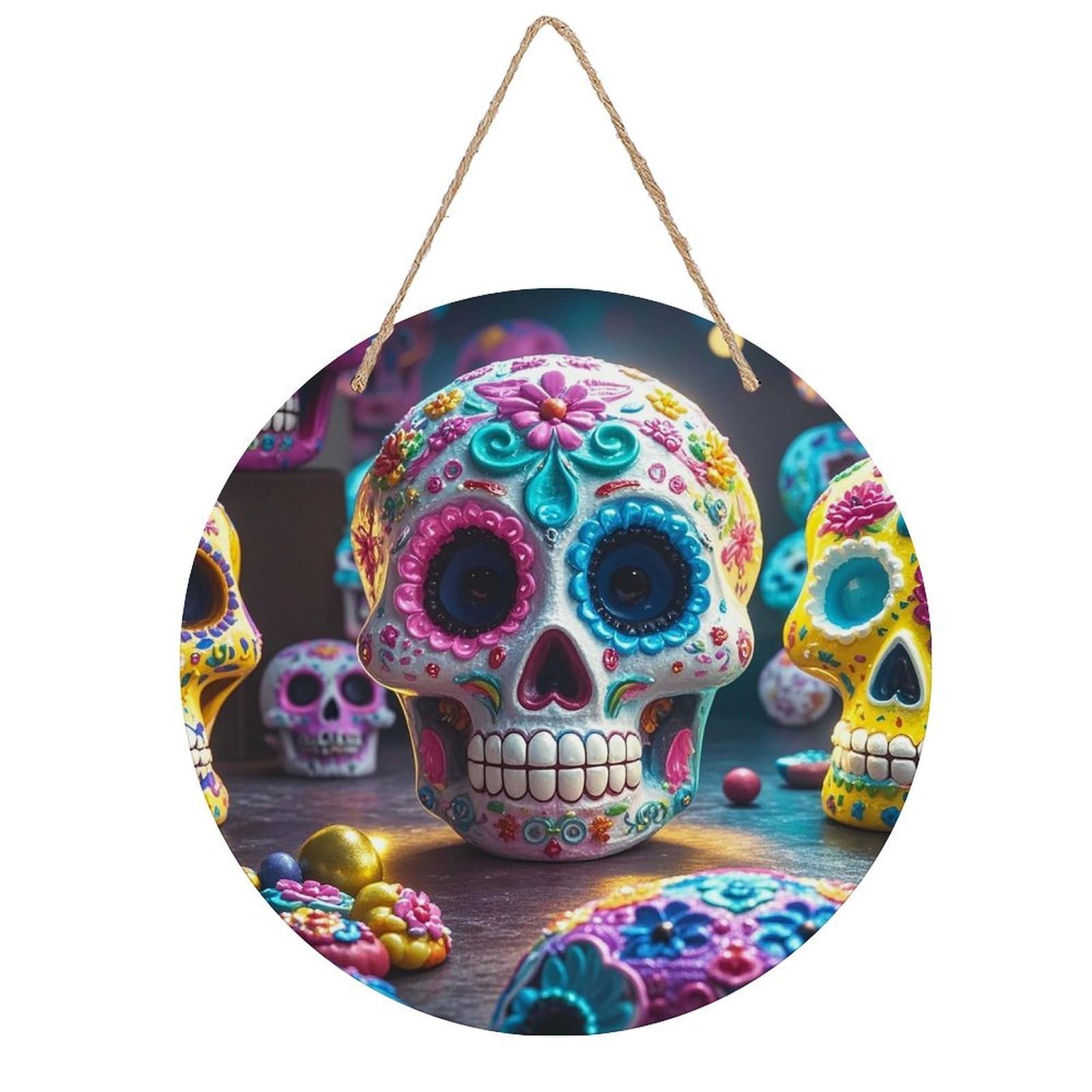 LZQPOEAS Sugar Skulls Wall Art Decor Round Wood Hanging Sign Rustic Vintage Wooden Door Hanger with Ropes Decorative Plaque Welcome Sign for Home Indoor Outdoor, 7.9x7.9 in