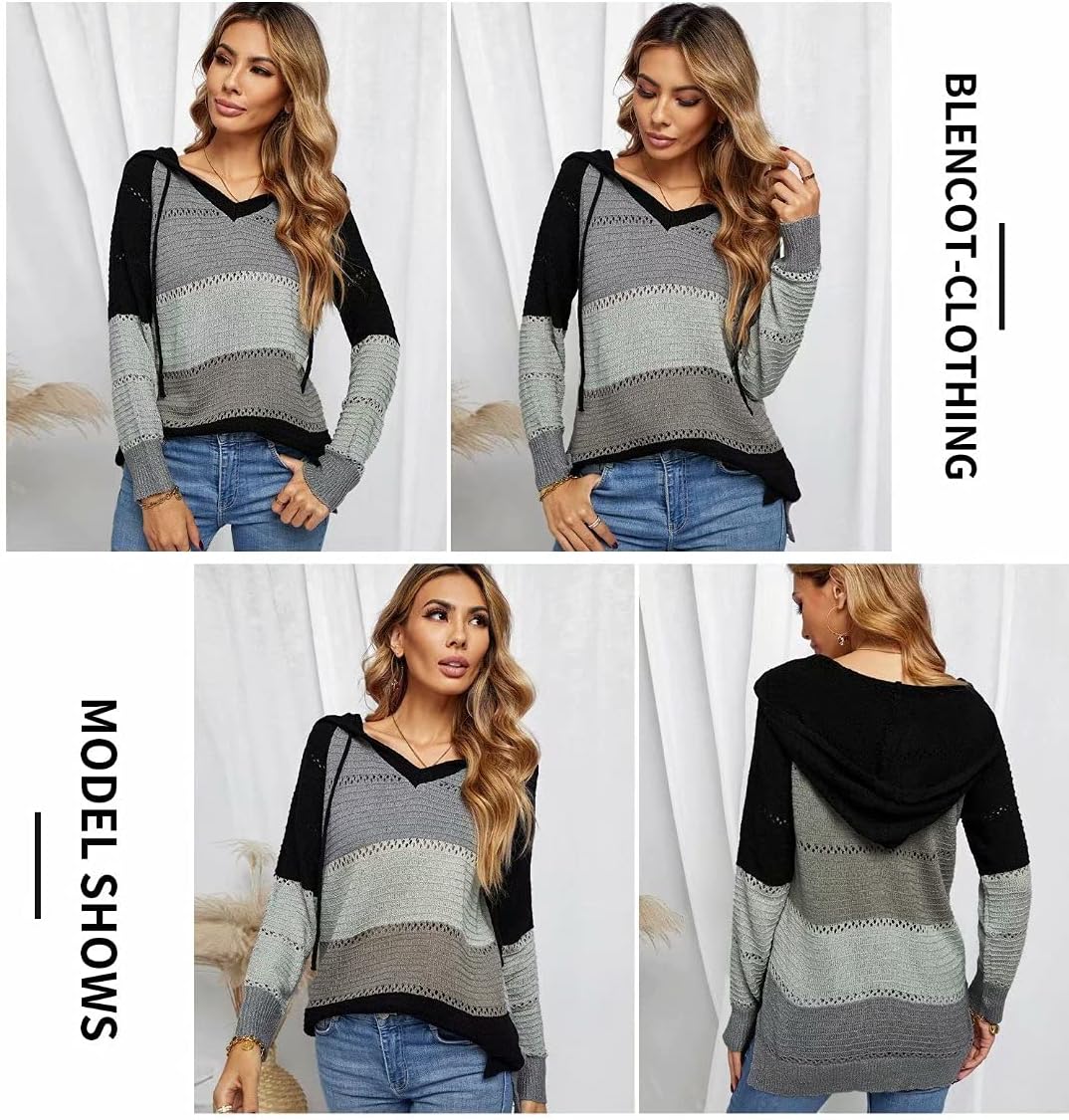 BLENCOT Women Color Block Hooded Crochet Striped Sweaters Lightweight Drawstring Hoodies Pullover Trendy Sweatshirts - Image 2