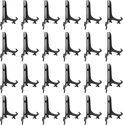 Litoexpe 24 Pcs 3 Inch Black Plastic Easels Plate, Picture Frame Stand Holder Acrylic Display Easels, Baseball Card Display Stand