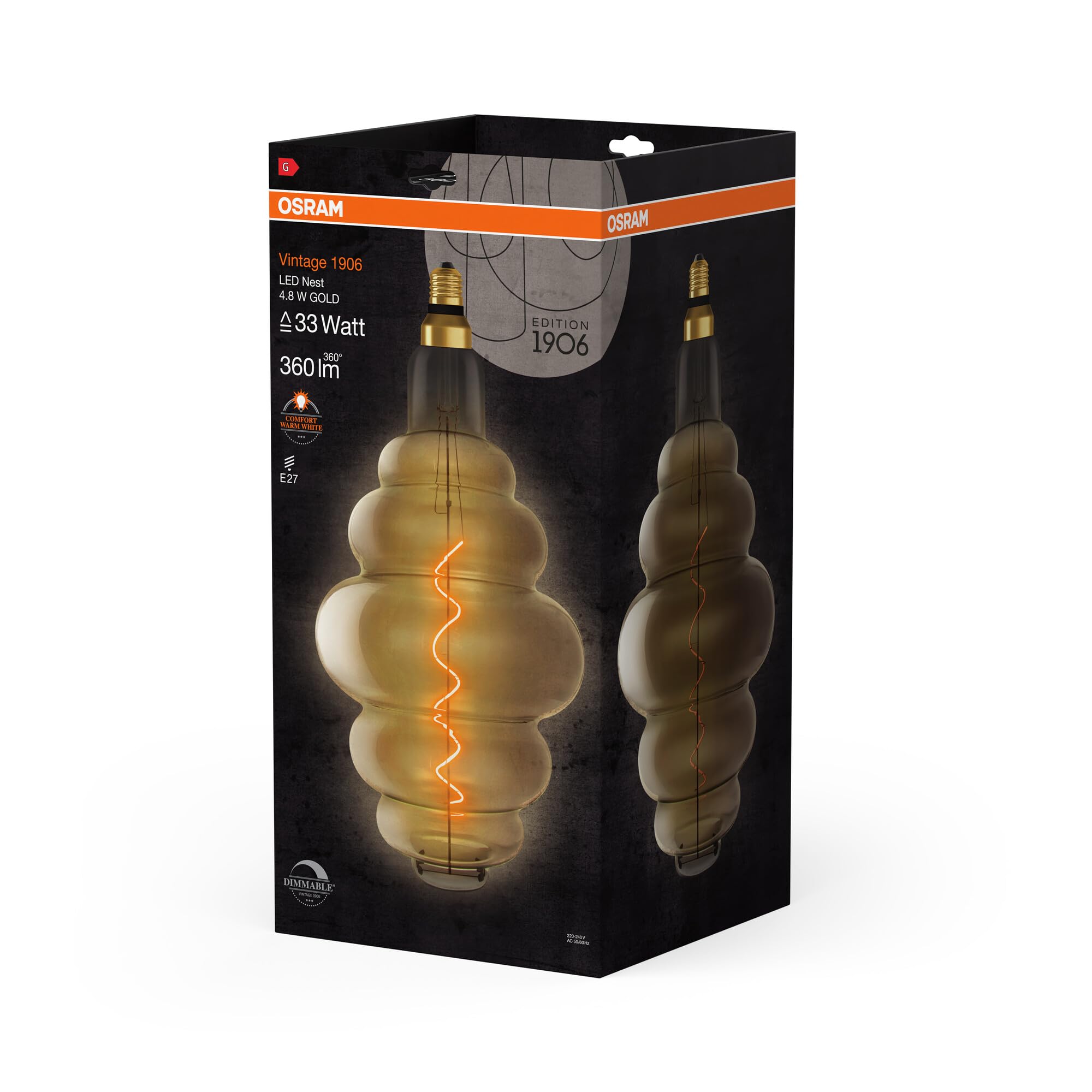 OSRAM Vintage 1906 gold tinted LED lamp, 4.8W, 360lm, beehive shape with 200mm diameter & E27 base, warm white light, dimmable filament, life of up to 15,000 hours